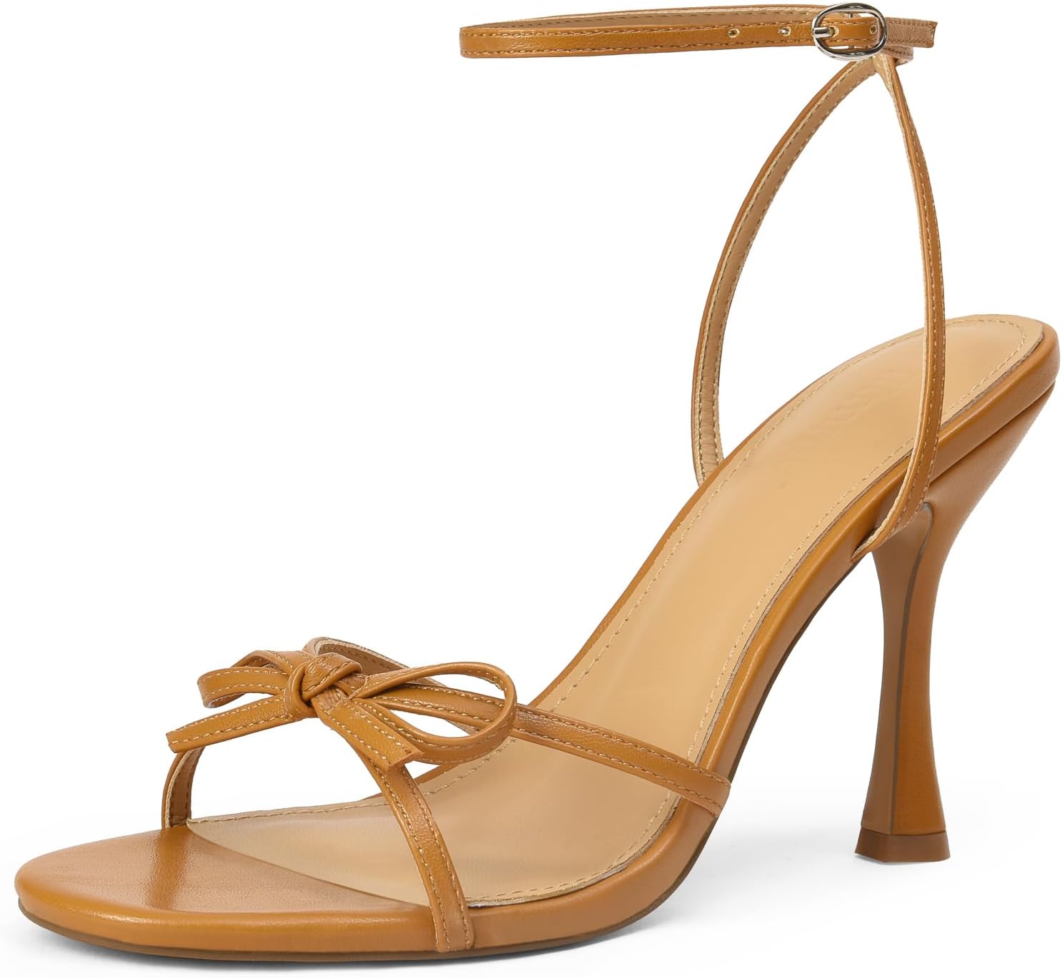 iiimmu Women's Bow Heels 4 IN Stiletto Heeled Sandals for Women Round Open Toe Sandals Elegant Summer Heels Soft PU Leather/Faux Suede