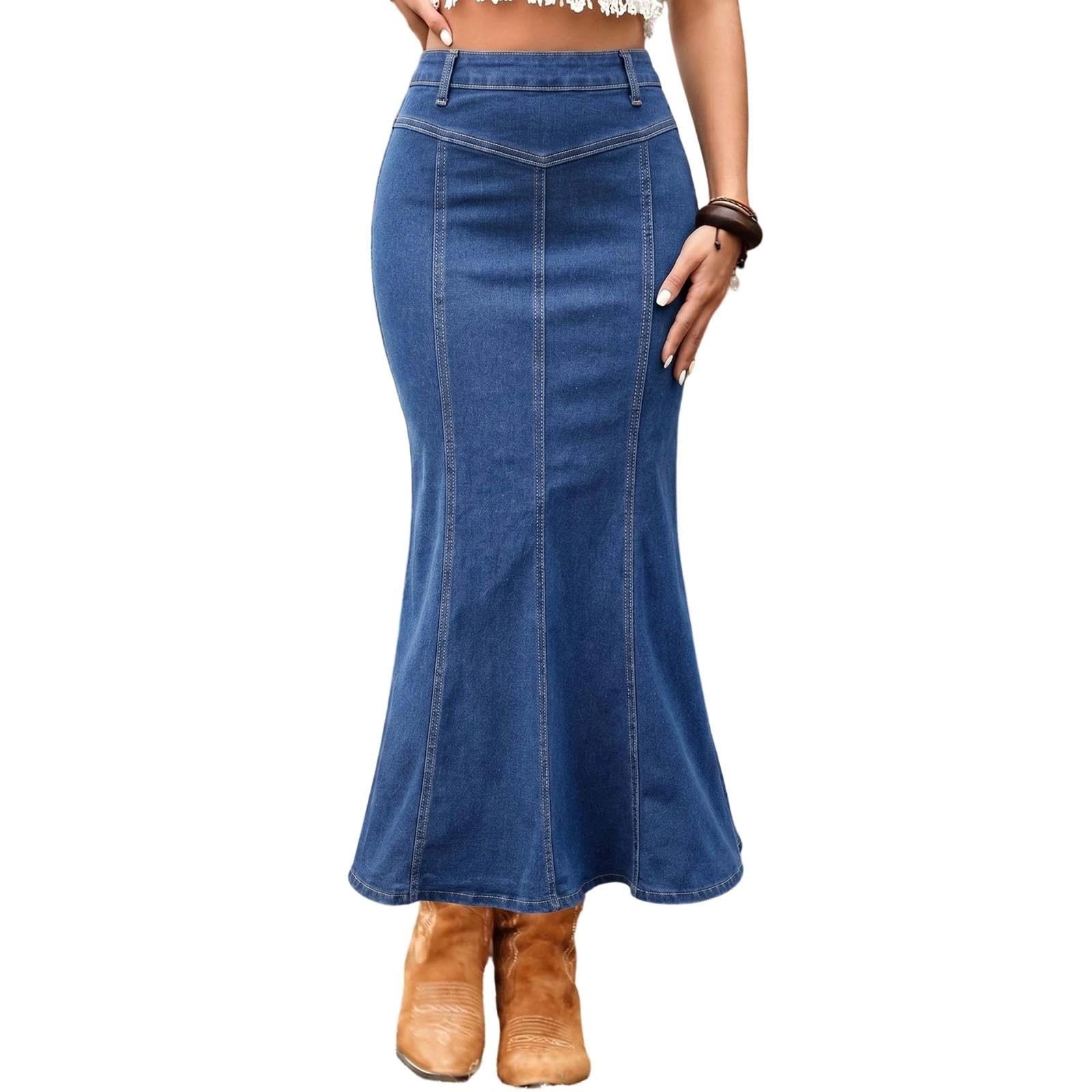 Gonna In Denim Da Donna,Gonne Midi In Jeans A Coda Di Pesce,A Vita Alta