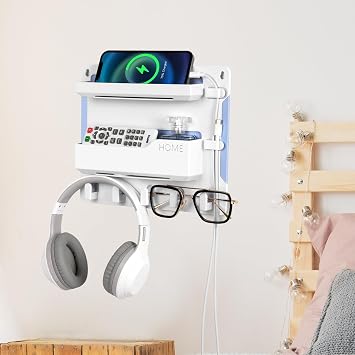 YONGAIJIA Bedside Wall Mount Shelf, Adhesive Bedside Organizer for RemotePhoneGlasses. Bedside Accessories Storage Suitable for College Dorm bunk Bed BedroomRvWhite