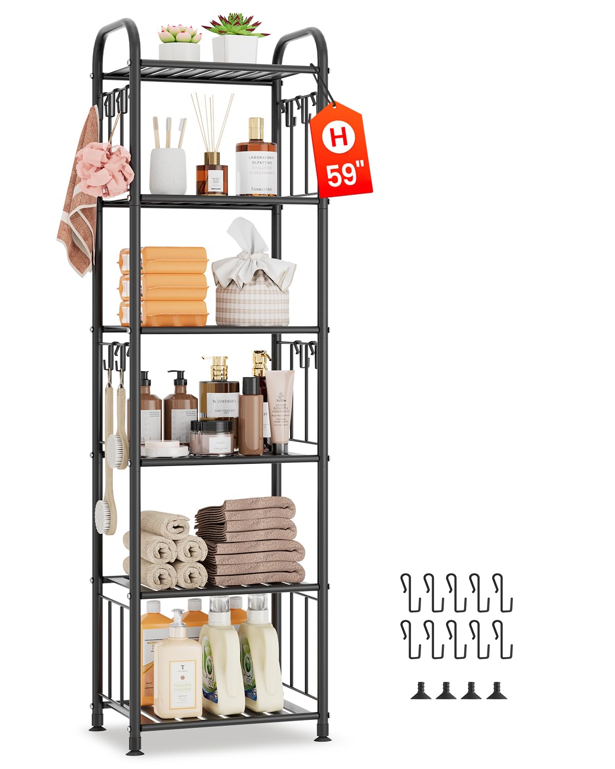 PouHenier.jh 6 Tier Tall Metal Narrow Skinny Shelf Free Standing for Bathroom, Thin Shelving Unit for Pantry or Kitchen, Slim Open Tower Rack with 10