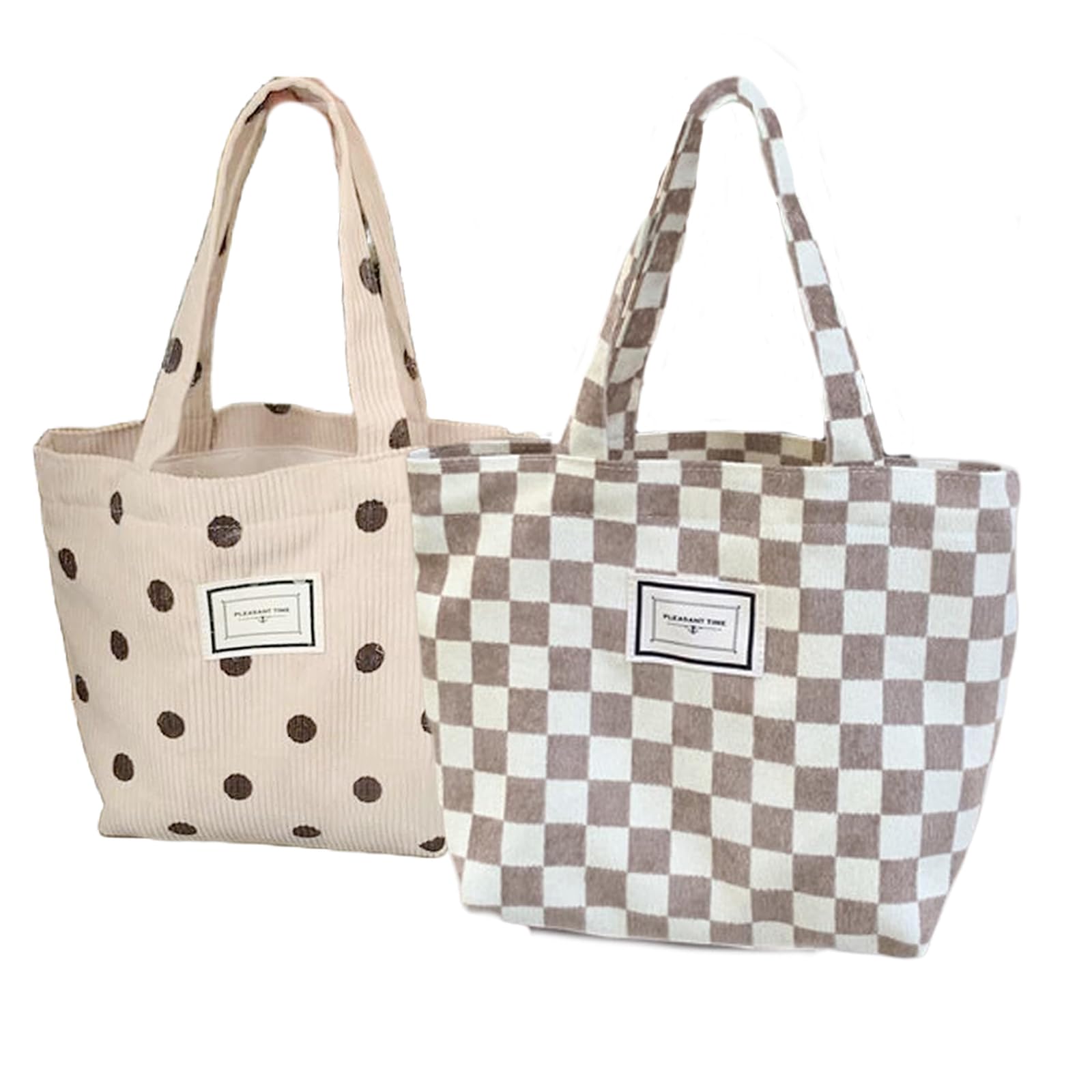 Kovewon 2PCS Corduroy Small Tote Bag for Women Cute Checkerboard Mini Tote Bag Preppy Aesthetic Reusable Bags for Grocery, Essentials, Water Bottle,