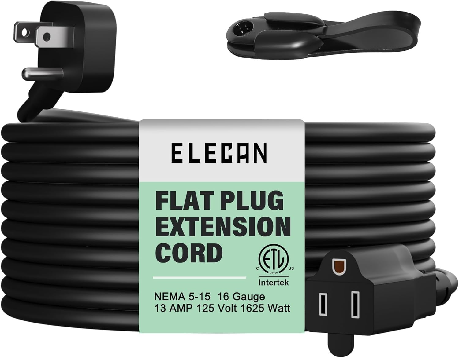 Elecan 45° Angle Flat Plug Power Extension Cord 15 Ft, Seamless One-Piece Molded Low Profile 3 Prong 16 AWG Grounded Wire Electric Cable for Home