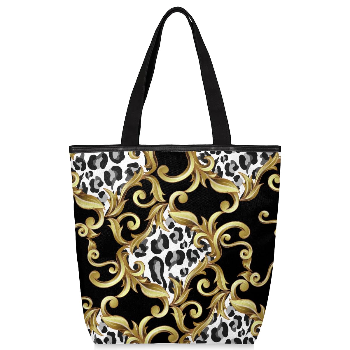 Mularoka Floral Leopard Canvas Tote Bag with Zipper and Pockets Canvas Tote Shopping Bag Women Reusable Grocery Bag for Beach Travel Gym Shopping
