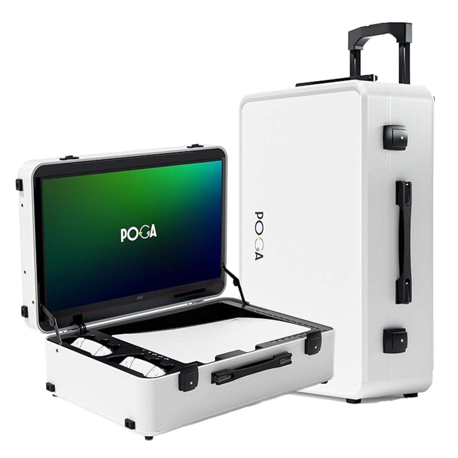 POGA LUX White Valigia da Gaming (compatibile con Playstation 5) inclusi trolley e monitor da gaming AOC da 24'' - Bianco (V2 - altoparlante Bluetooth opzionale), bianco