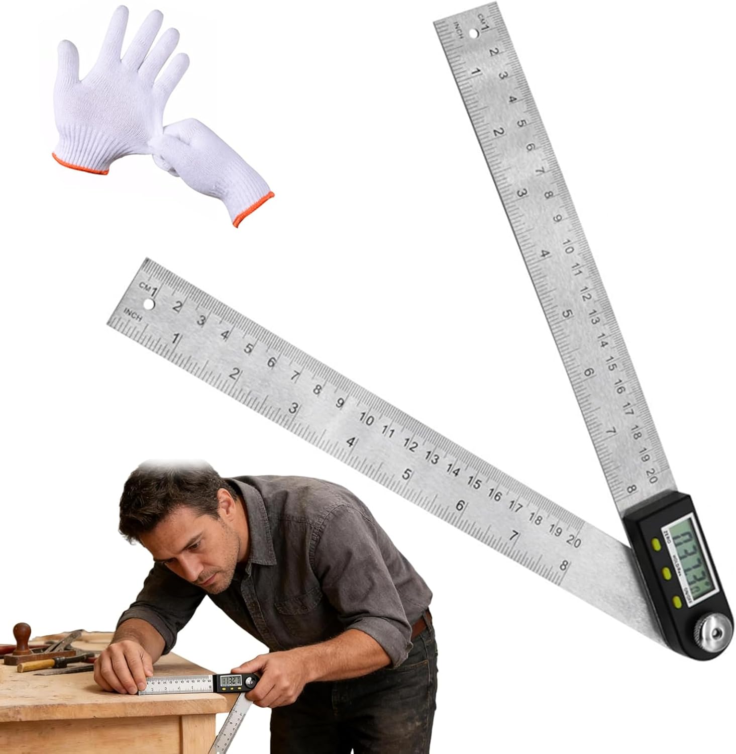 Digital Display Angle Ruler, Digital Protractor, Stainless Steel Angle Measuring Tool with LCD Display, Zeroing & Locking Function, for Carpentry Construction and Home Improvement (20in)