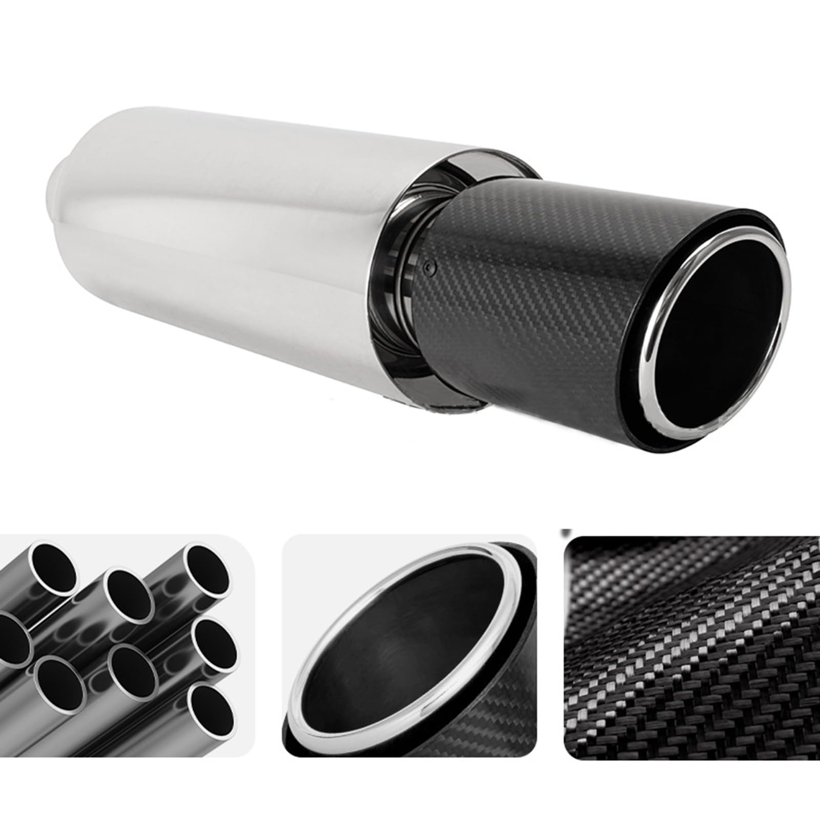 Silencieux d'Échappement Voiture 63mm Bruit Echappement Sport Silencieux Voiture Acier Inoxydable Universel Pot Echappement Bord Roulé Droit Biseauté pour Berline SUV (Fibre de Carbone)
