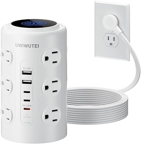 Regleta de alimentación en torre con 1 puerto de carga rápida PD de 20 W, 12 tomas, 5 puertos USB (3 USB-C), protector de 1800J, estación de carga