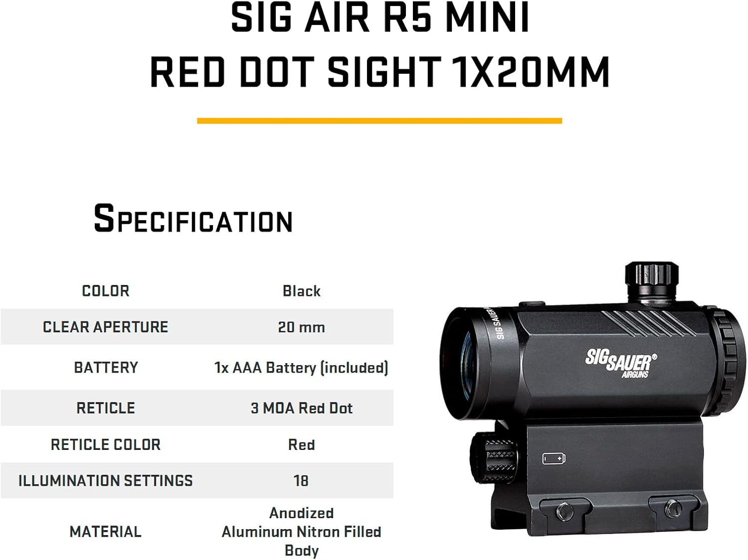 SIG SAUER Air R5 Mini 1x20mm 3 MOA Reticle Red Dot Sight, Electronic Compact Durable Adjustable Hunting Shooting Airsoft Gun Aiming Sight, 1 Battery Included