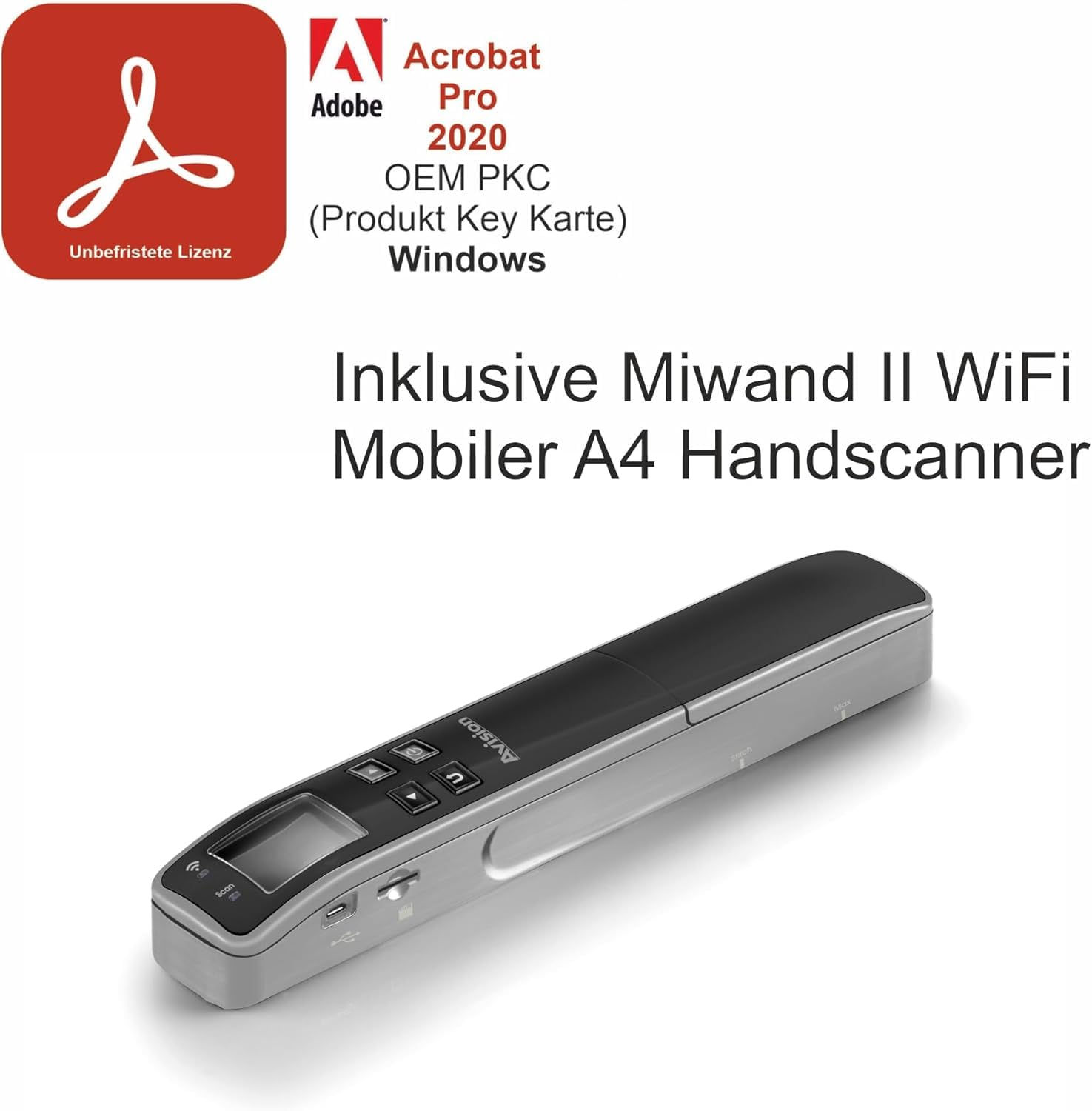 Adobe Acrobat 2020 Prof. Win PKC OEM Dauerlizenz inkl.Avision Mi-Wand II Wi-Fi (Black) ohne Dockingstation A4 Mobiler WiFi Hand-Scanner - Der ideale Scanner für unterwegs