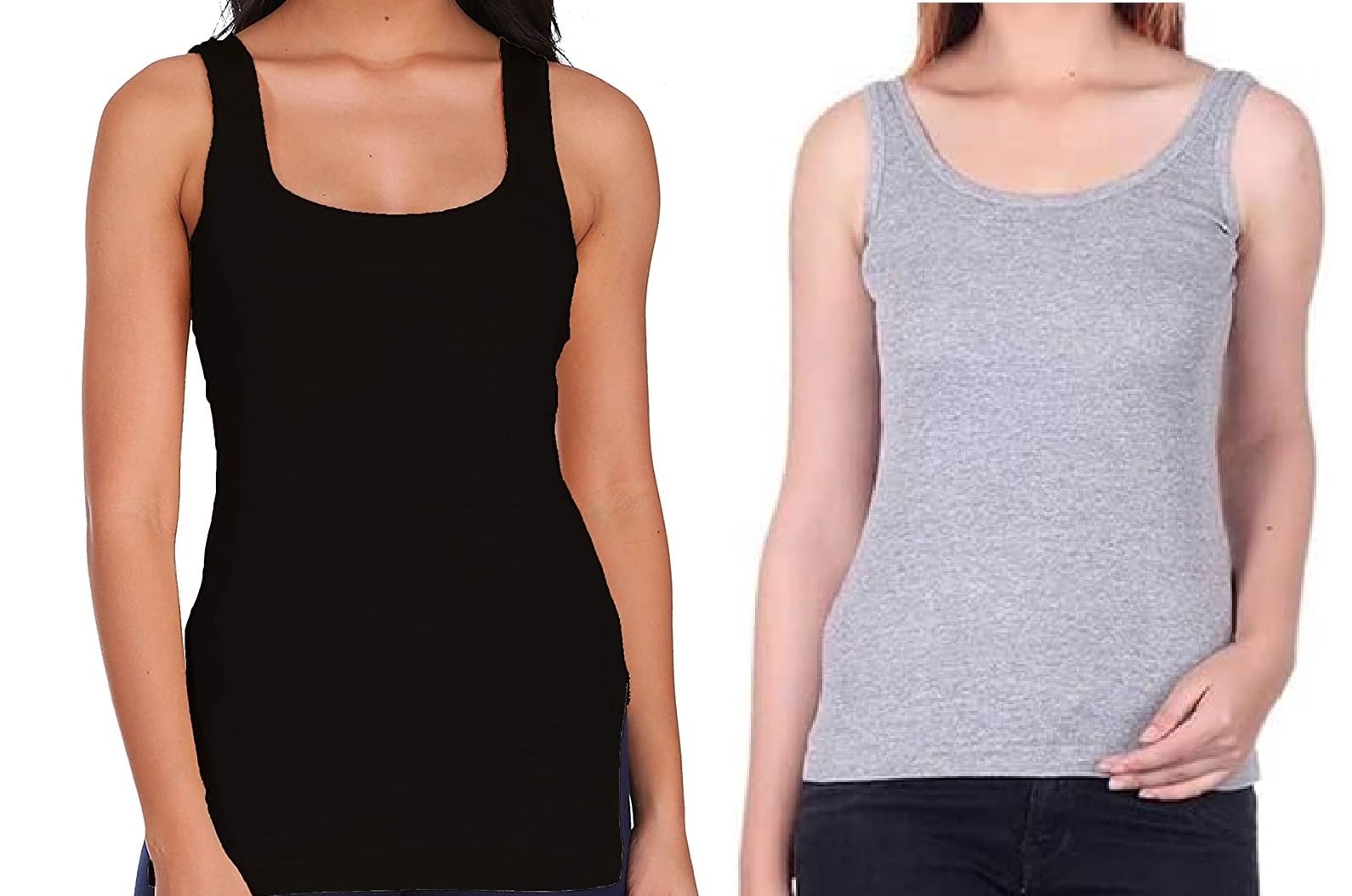 GenericCotton STXXOR PK-2 Women's Lycra Ribbed Regular Fit Scoop Neck Sleeveless Tank Top Vest Top Camisole Sando Inner Wear for Women (Grey- Black), Free Size