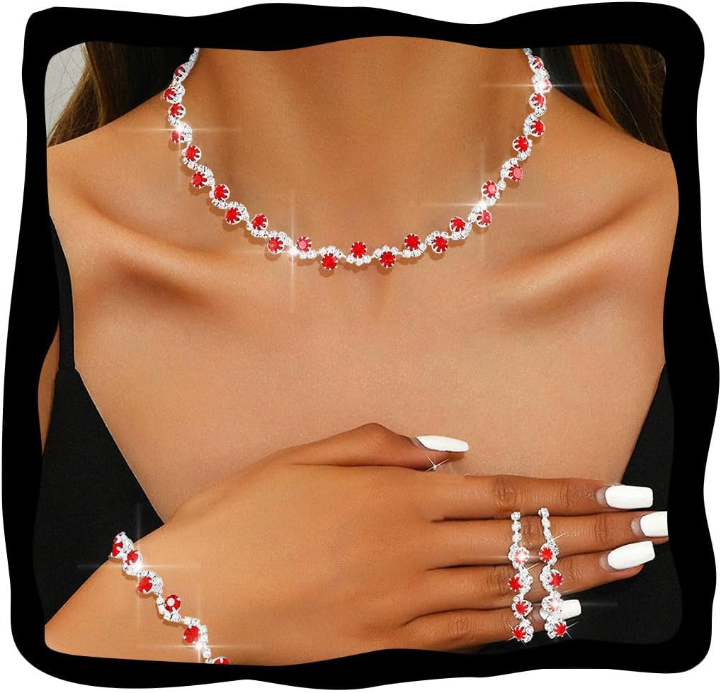 Aukmla Bridal Wedding Jewelry Set Silver Rhinestones Choker Necklaces Earrings Bracelet Sets Prom Jewelry for Women and Brides