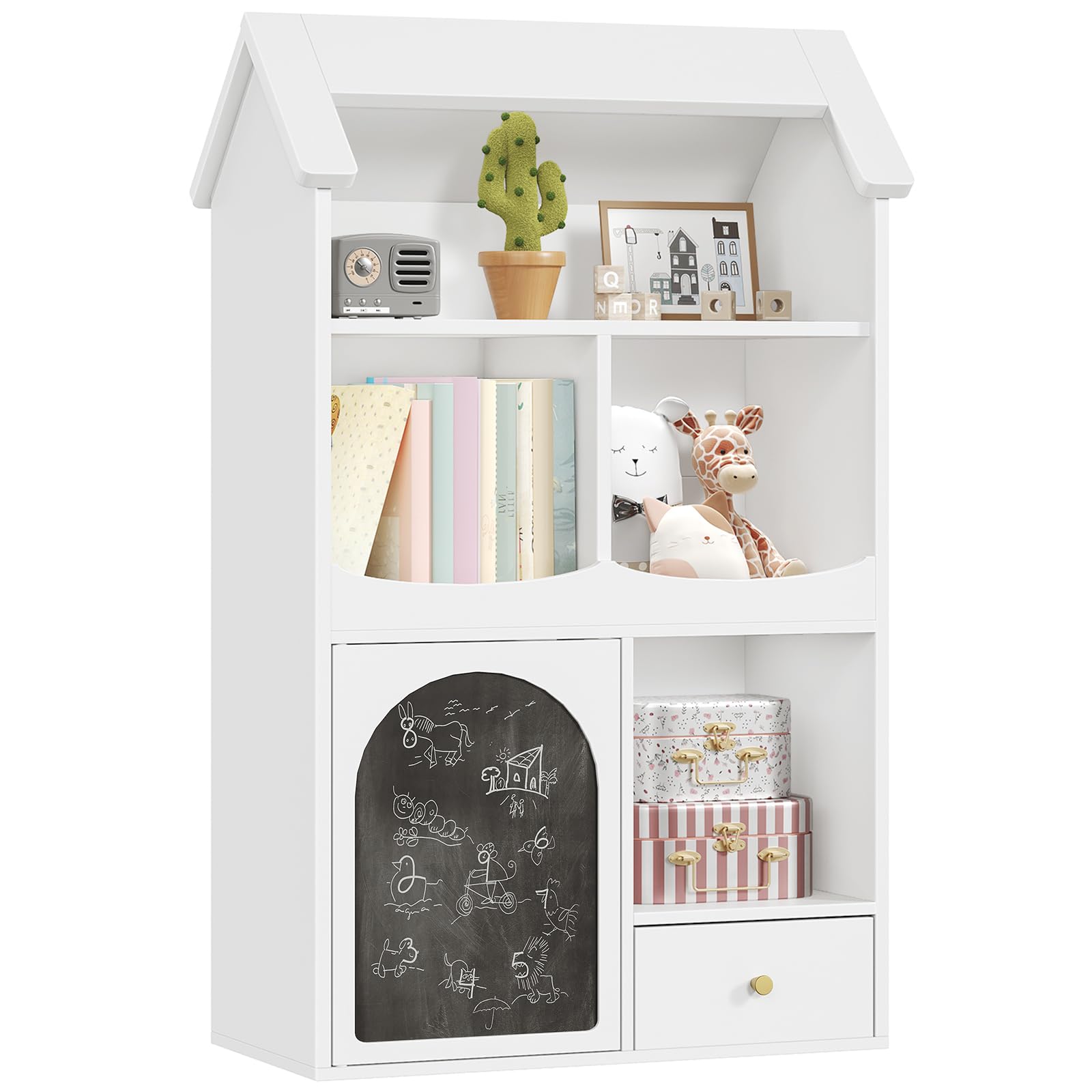 HOOBRO Toy Storage Organizer, Toy organizers and Storage with Drawer and DlY Chalkboard, Kids Bookshelf and Toy Storage with 4 Cubbies, Kids Toy Storage for Kids Room, Playroom, Nursery White WB64CW01