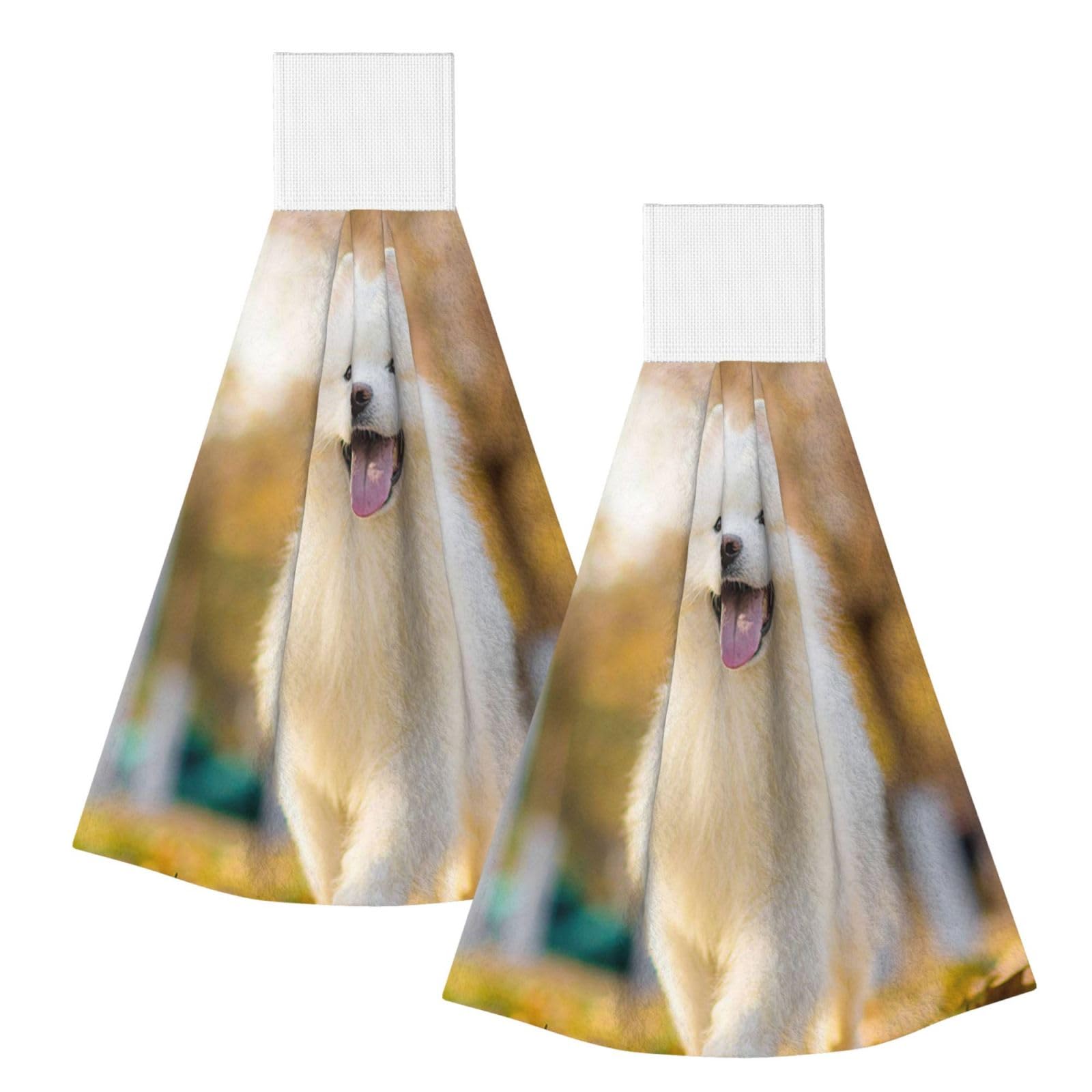 DOPKLNA Samoyed Dog, 2 Pcs Hanging Coral Fiber Hand Towels for Bathroom, Absorbent Kitchen Towels