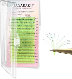 NAGARAKU Easy Fan Volume Eyelash Extensions Ombre Green Blue Color Lashes Supplies 0.07mm C curl Mix Tray 9-15mm Rapid Blooming Self Fanning Cluster 16 rows