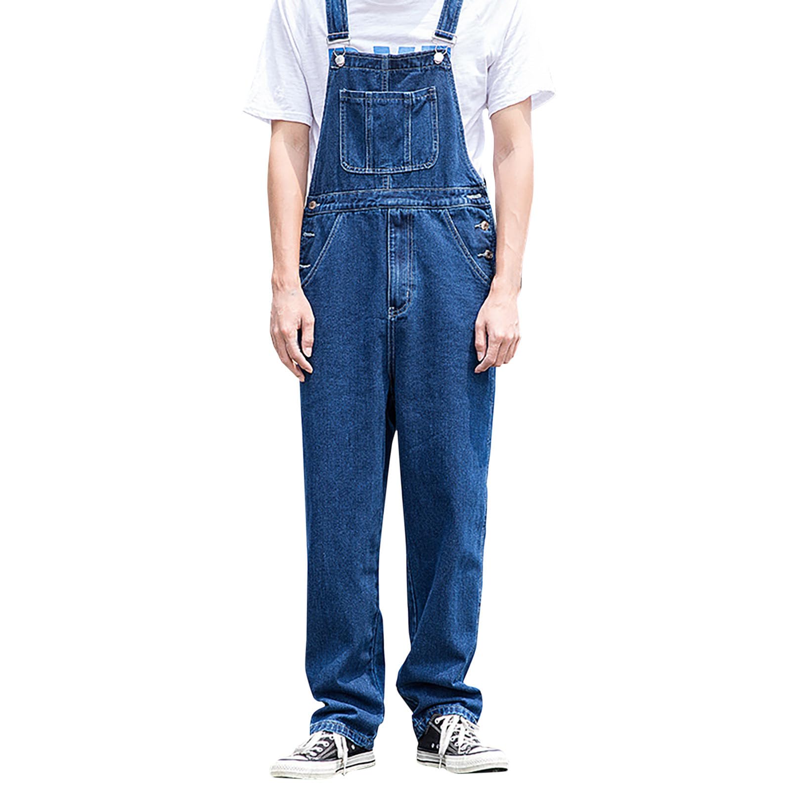 IQYU Tuinbroek voor heren, jeans, kort, baggy denim-overalls, zomer, jumpsuit, korte broek, jeansbroek, stretch, werkbroek, used look, zomeroveralls, bretels, broekpak, playsuit, blauw, XL