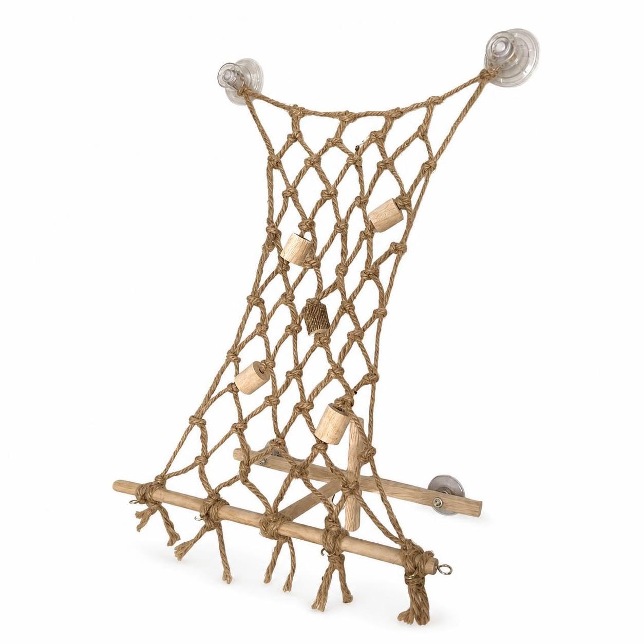FashionCha Bird Perch and Bird Toy with Suction Cups for Window or Cage, Suction Cup Perch with Rope Net and Wooden Perch, C201
