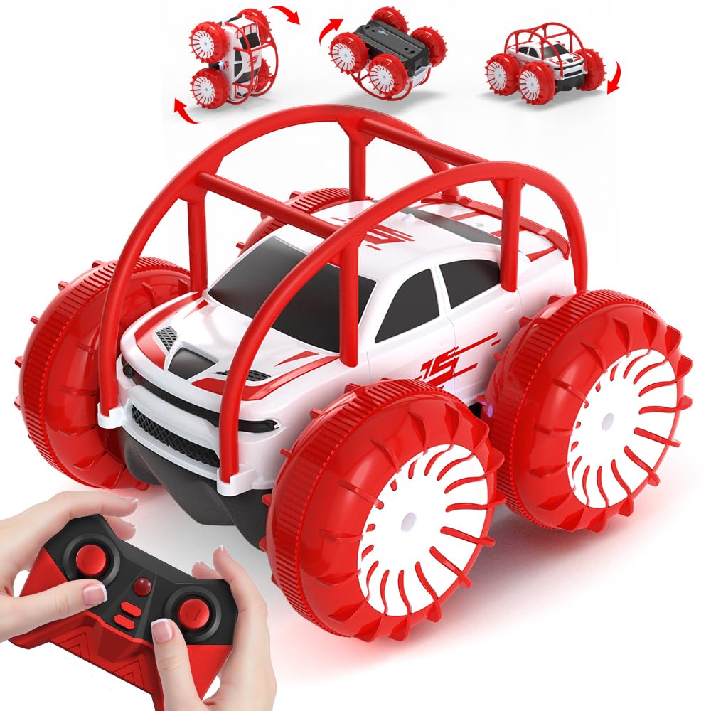 MaxTronic Direktladung Ferngesteuertes Auto mit LED Licht, Amphibien Wasserdichter RC Stunt Auto 360° Flips, 4WD 15KM/H Offroad 2.4G Monste Truck Spielzeug Mädche Jungen für Kinder ab 3 Jahren