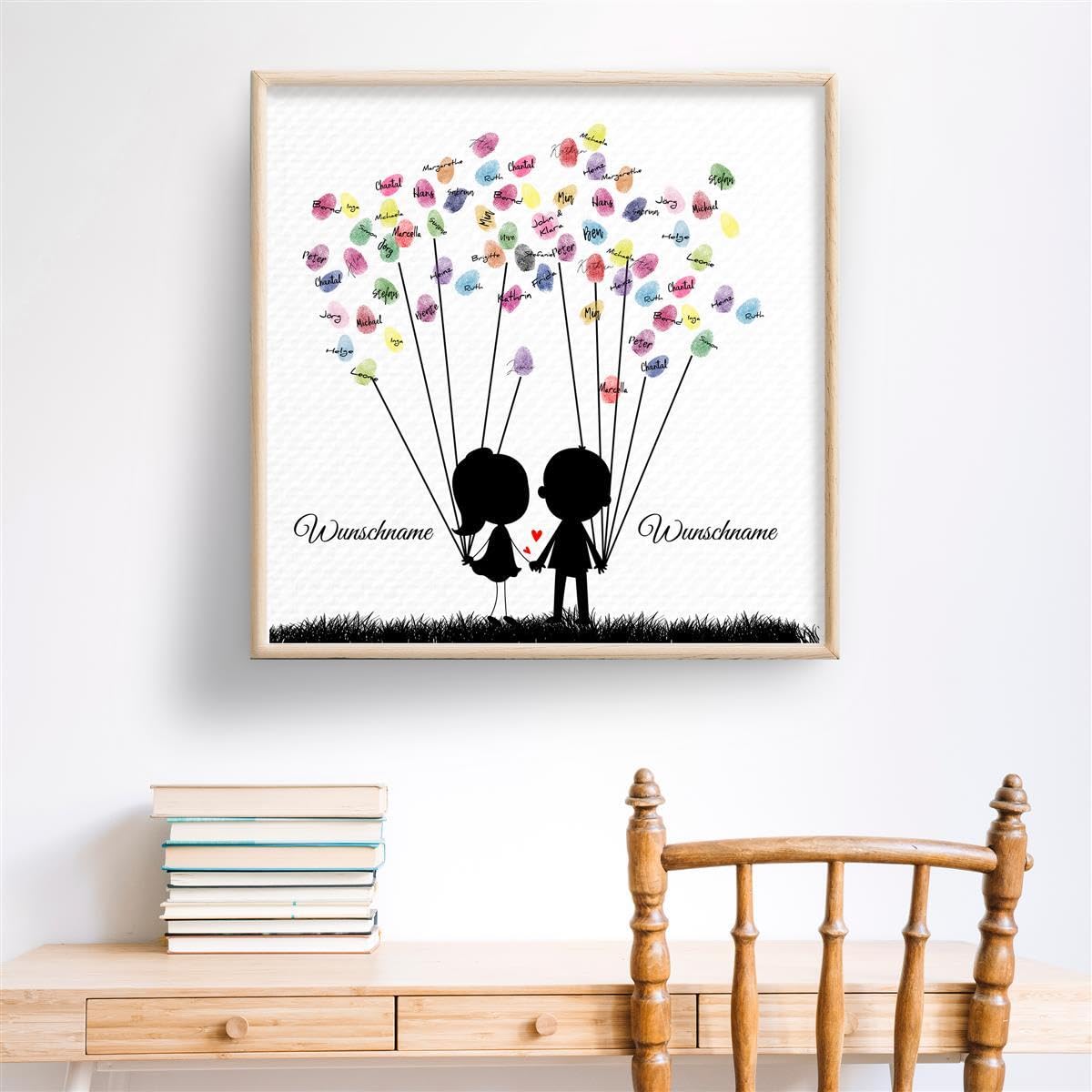 Madyes Płótno Ślub Odcisk palca Księga gości Spersonalizowana Sweet Couple dla młodej pary jako prezent, dekoracja ślubna, imiona z datą. 50 x 50 cm duży na blejtramie drewno