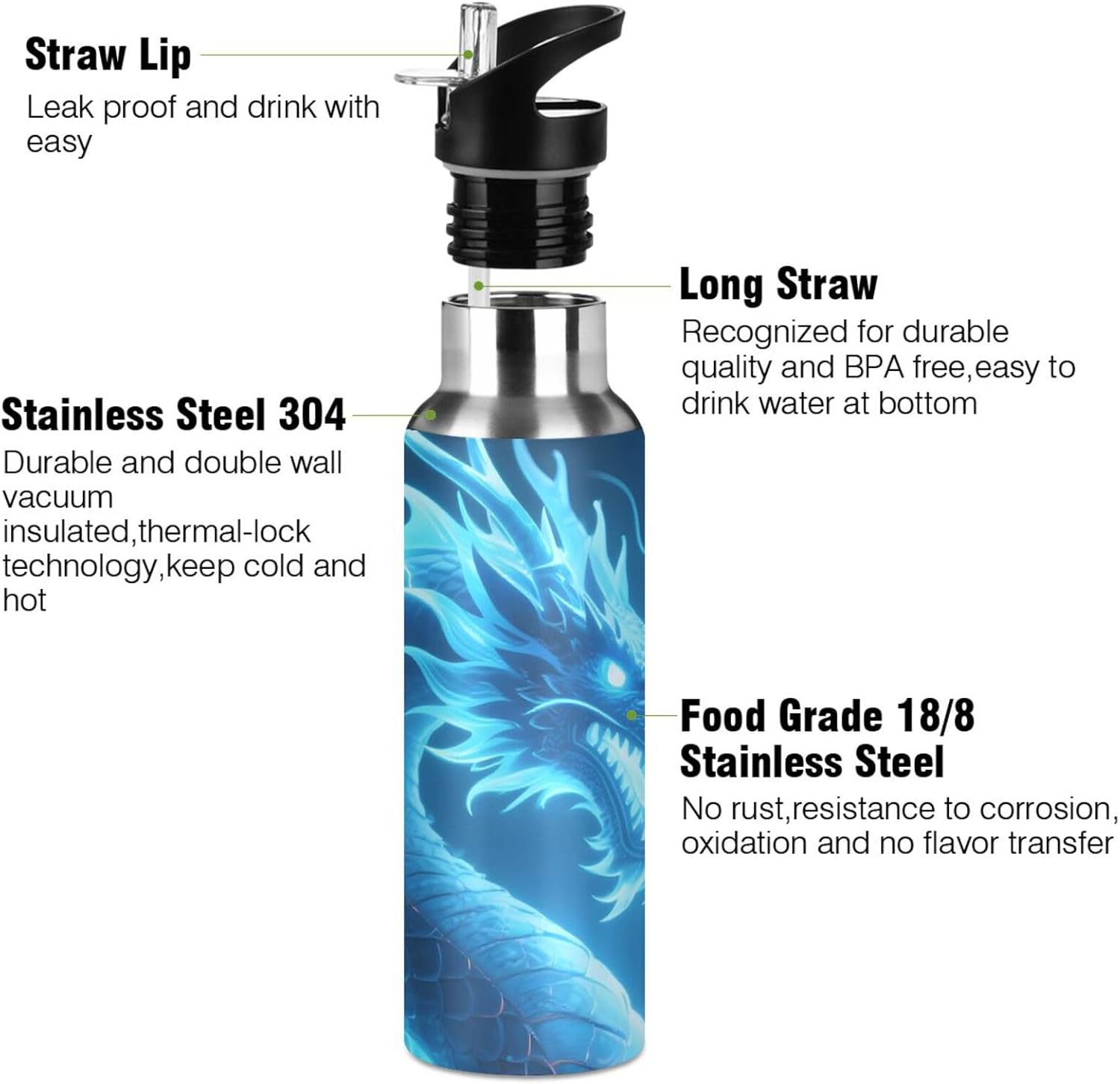 Dragon Blue Lightning Water Bottle with Straw Lid Kids Insulated Stainless Steel Water Flask Sports, 20 Oz Hot Cold - Image 3