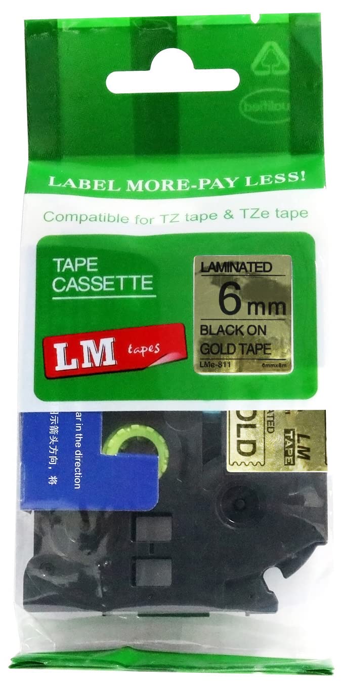 LM Tapes - Premium 1/4" (6mm) Black on Reflective Gold Compatible TZe P-Touch Tape for use with Brother PT-D220, PTD220 Label Maker Includes Tape Size