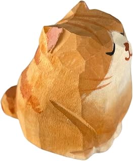 Handmade Wooden Orange Cat Statue - Small Carved Kitten Figurine Sculpture for Home Office Decor & Gifts