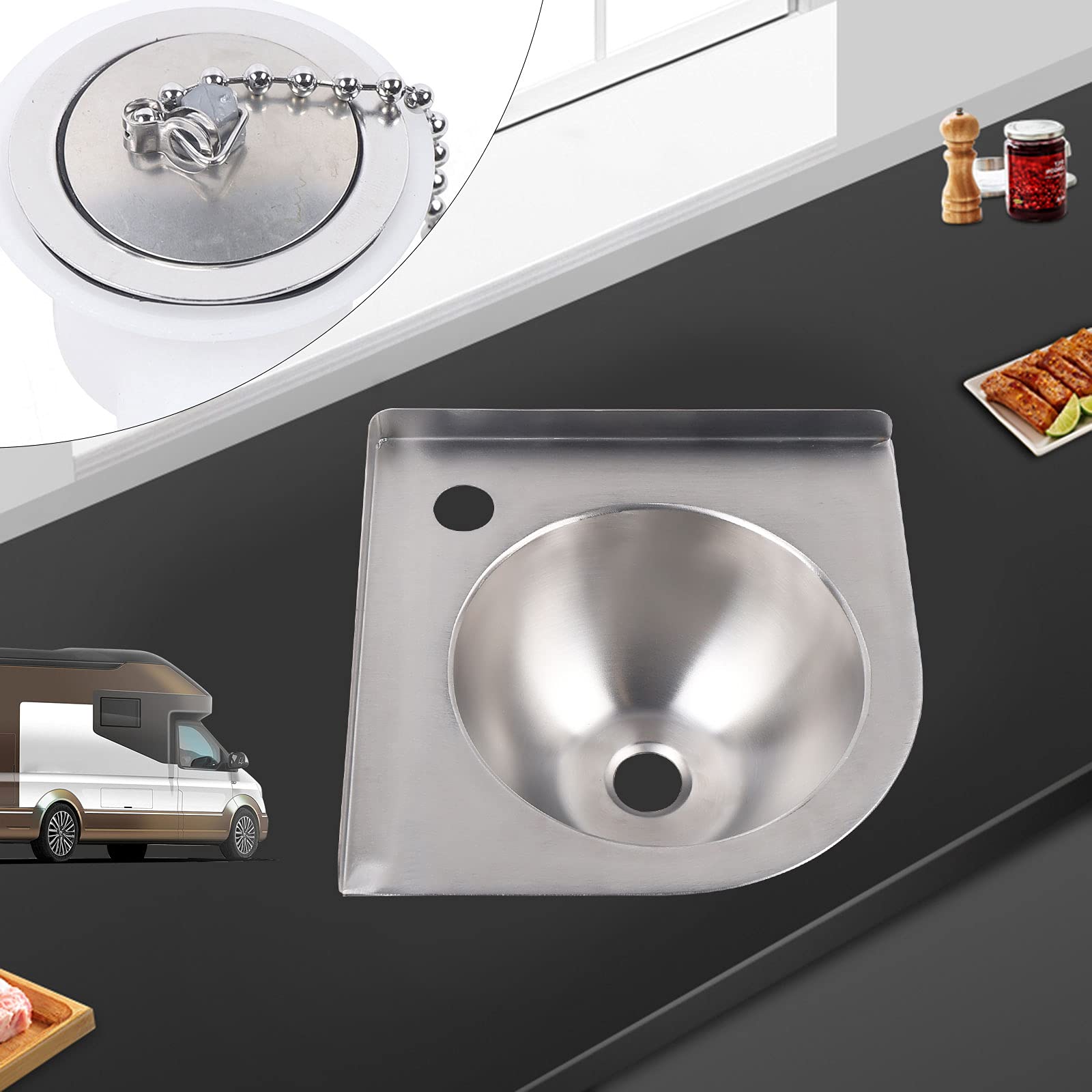 Fregadero esquinero de acrílico montado en la pared, fregadero de tocador con grifo para caravana, baño, cocina, cámper, cuarto de lavado pequeño, 12,12 pulgadas