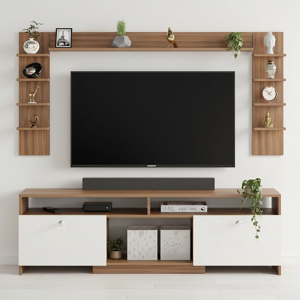 FURNEASER Samnor Engineering Wood Floor TV Cabinet/Entertainment Unit/Set Top Box Stand/TV Table with Storage & Display Shelves (Exotic Teak) for 65 Inch TV Screen (Exotic Teak & White)