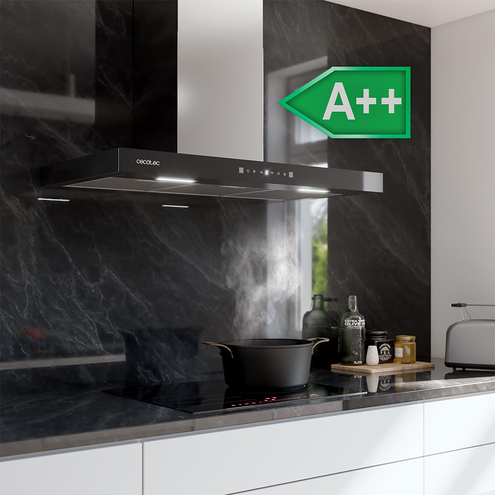 Cecotec Cappa Aspirante 90 cm Flux TT 905500 Glass Black A++. 70W, Finitura Frontale In Vetro Nero, Basso Consumo Energetico, Aspirazione 550M3/H, Touch Control, 3 Livelli, Luce Led, Filtro Carbone