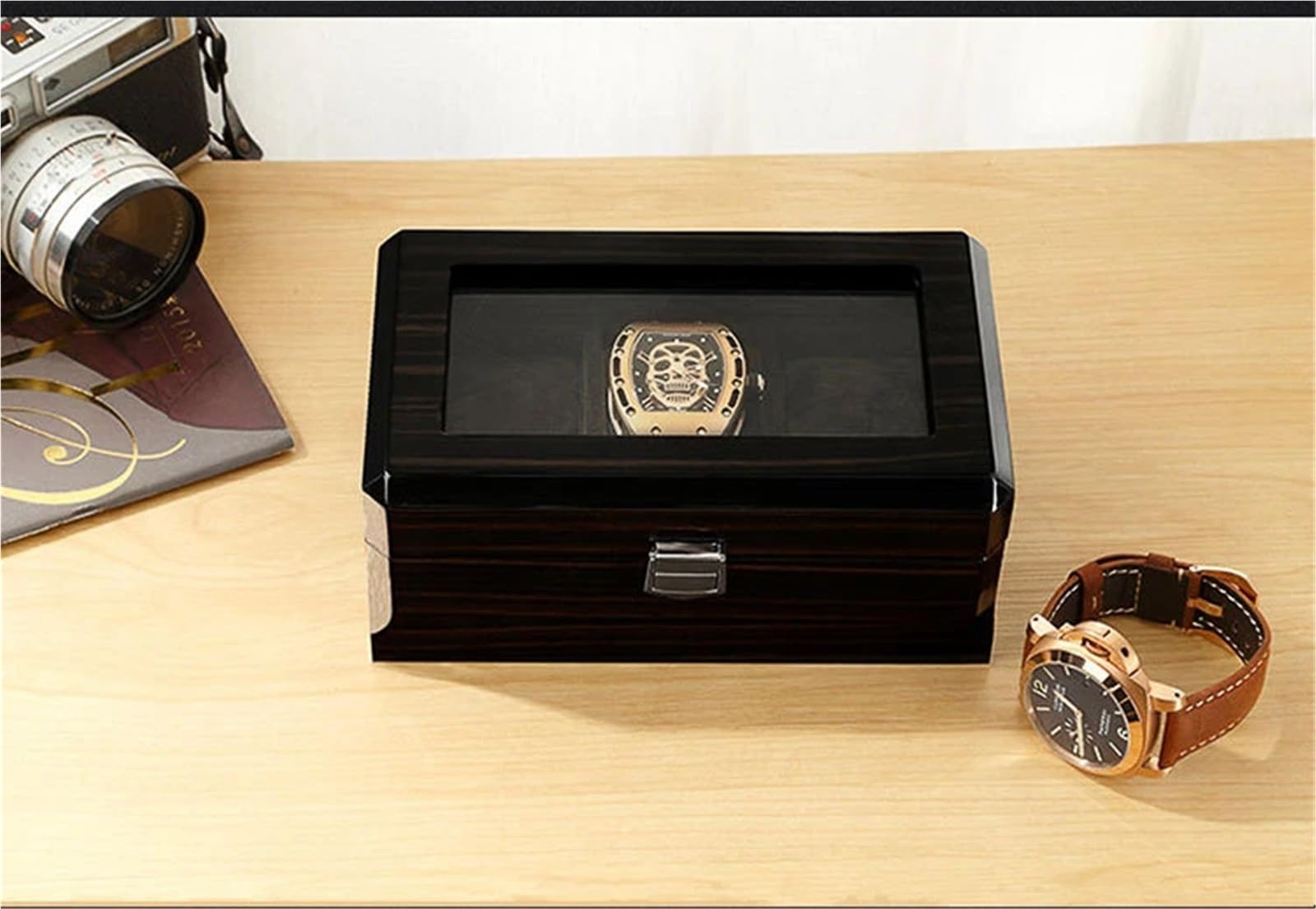 Portaorologi in Legno Massello Scatola for orologi con venature del legno, 3 slot Velure