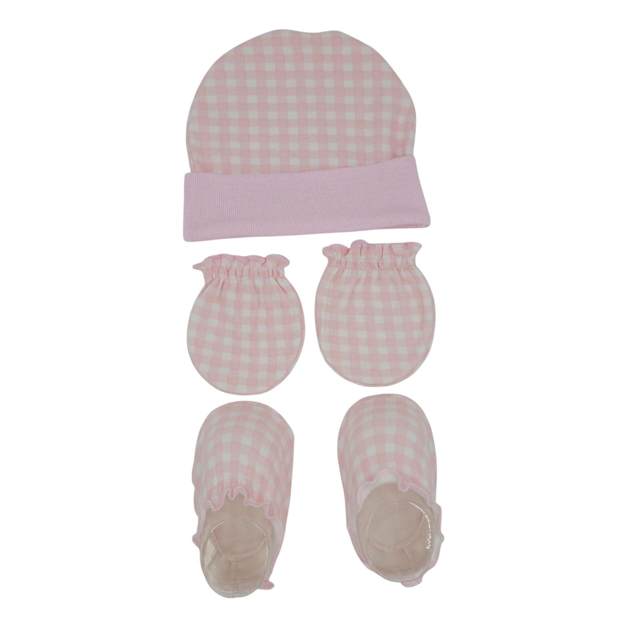 Checkered Print Baby Gift Set|Baby Cap,Mittens and Bootie Combo Set For Infant 0-6 Months (Pink & White)-MB11-image-25