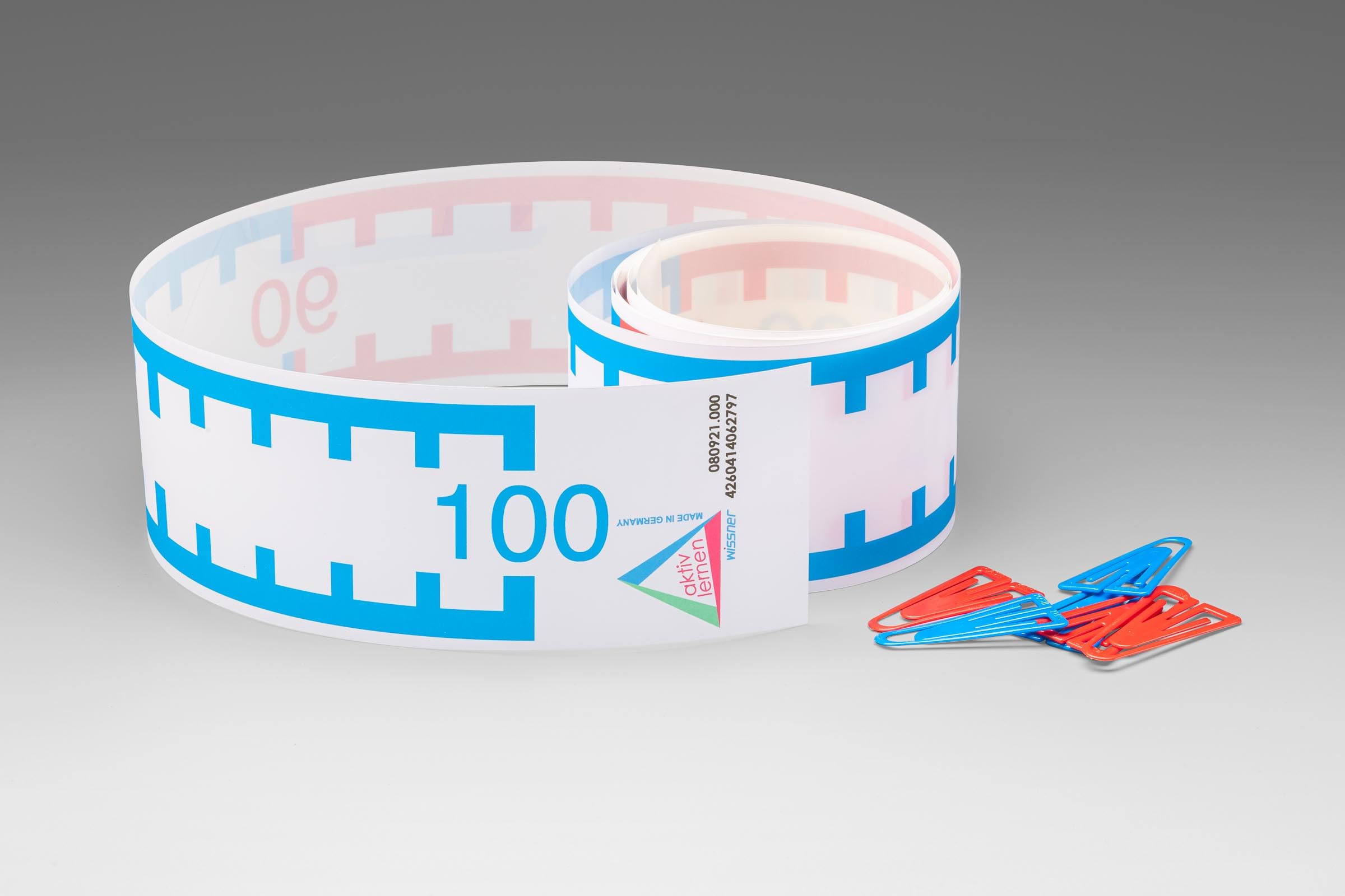 WISSNER® Großes Zahlenstrahl-Rechenband 0–100 – 3 m lang, 9 cm breit, flexibel aus RE-Plastic, nachhaltig, mit Klammern und Befestigungspunkten, für Schule und Grundschule