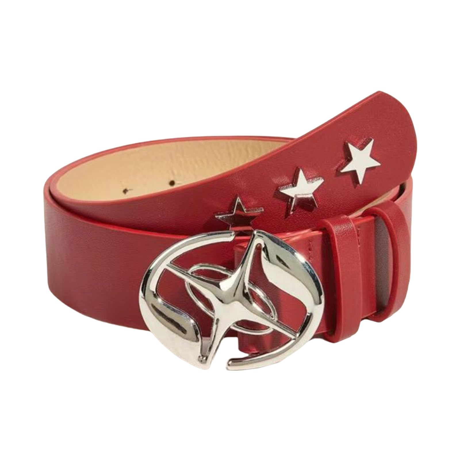 Gissroys Aesthetic Star Moon Buckle Belt For Women Solid PU Leather Simple Waistband For Dresses Eye-catching Waist Strap Vintage, red, One Size