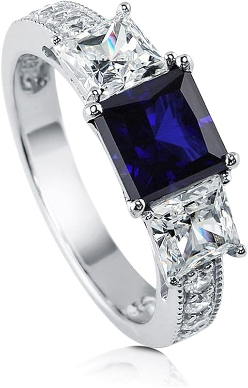 BERRICLE Sterling Silver CZ 3-Stone Wedding Engagement Promise Rings for Her, Stackable Band Ring Set for Women, Cubic Zirconia - Sapphire-Blue, Cushion, Princess, Round Cut
