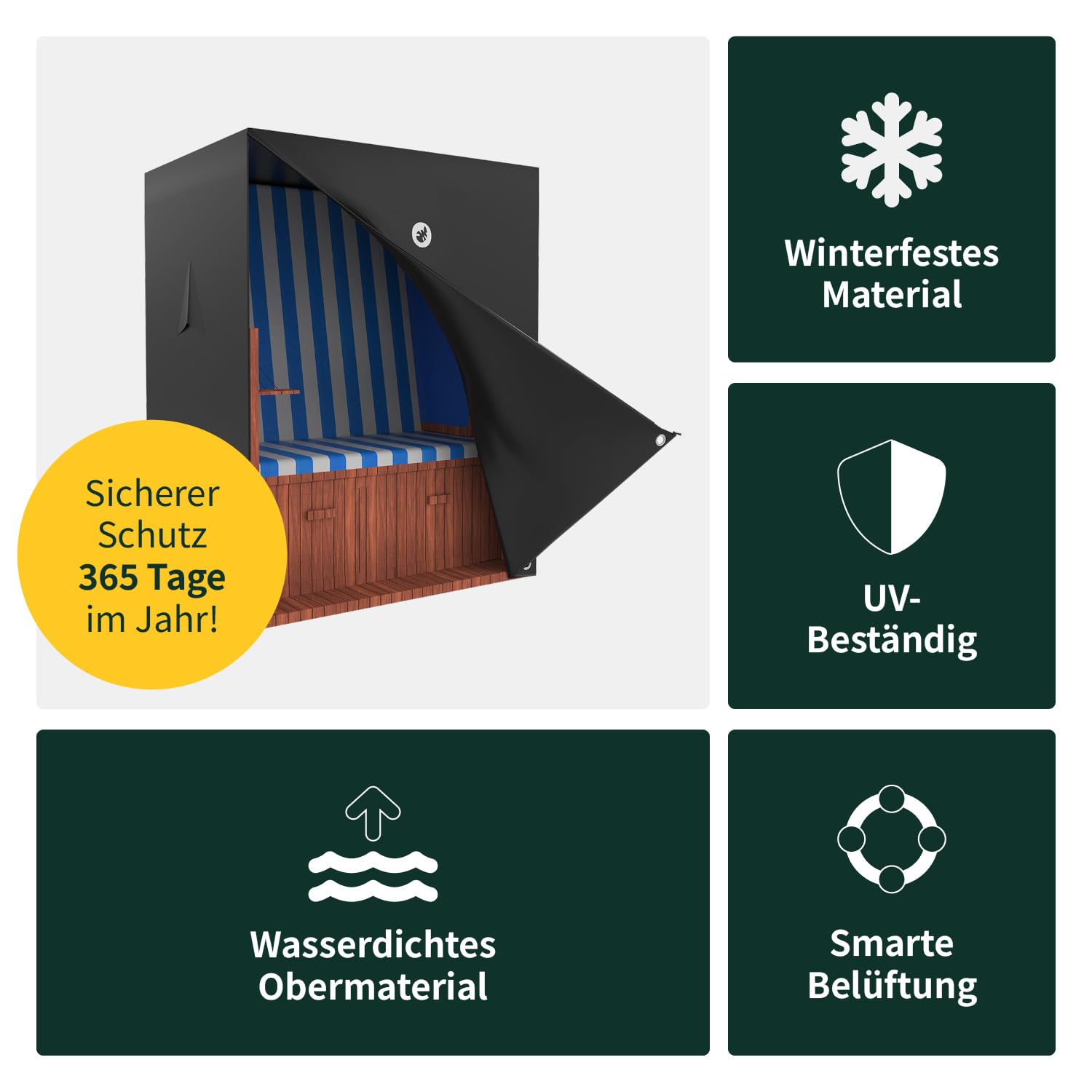 Strandkorb Hanse Schutzhülle Winterfest aus 600 D Oxford Gewebe mit extra flexiblem Klettverschluss, Premium Strandkorbhülle 120cm breit in grau