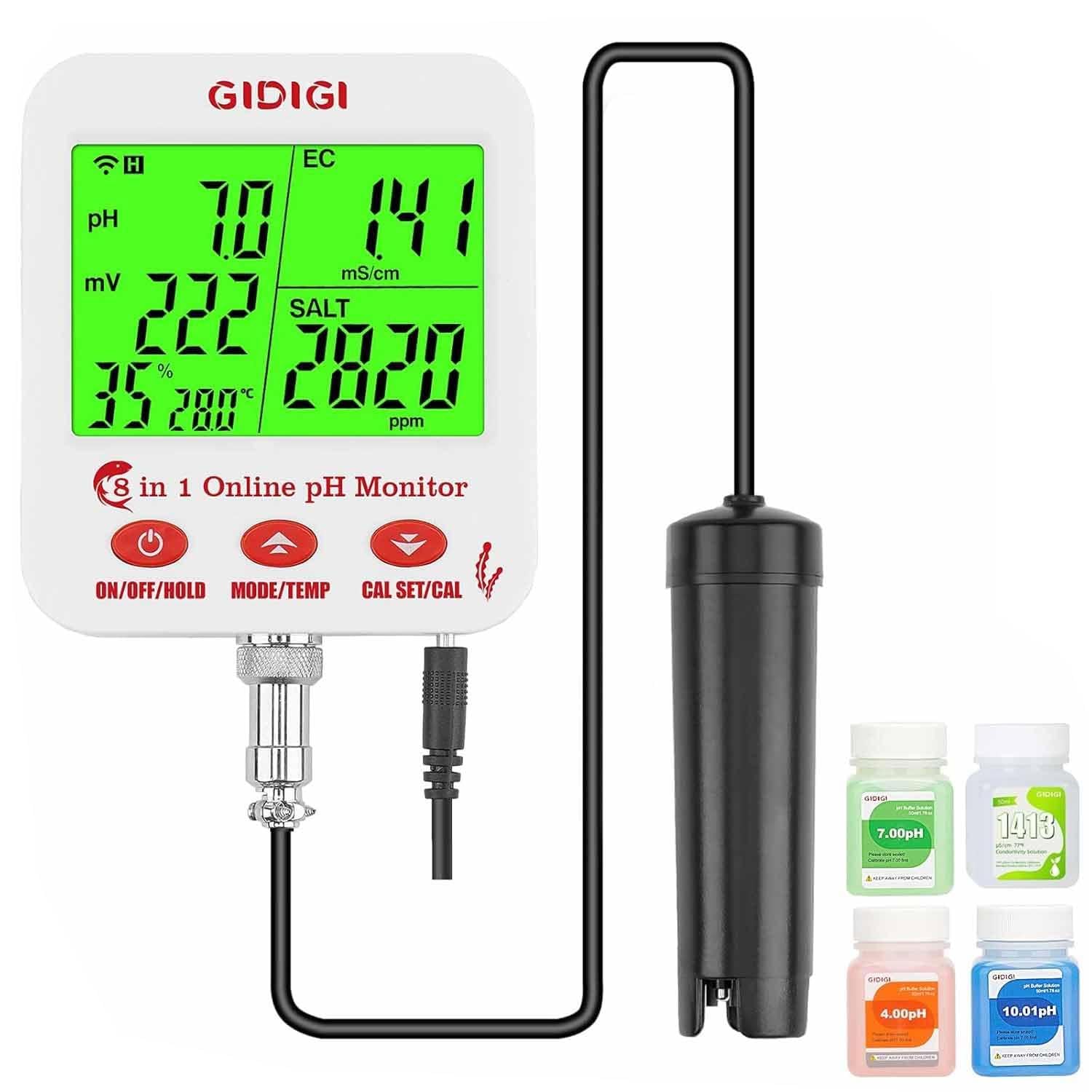 Monitor pH Acuario, Medidor pH y EC Continuo Hidroponia con Wifi, La Pantalla Grande Puede Mostrar Múltiples Parámetros Simultáneamente, 8 en 1 pH EC PPM ORP Sal y Humedad para Acuario, Hidroponia