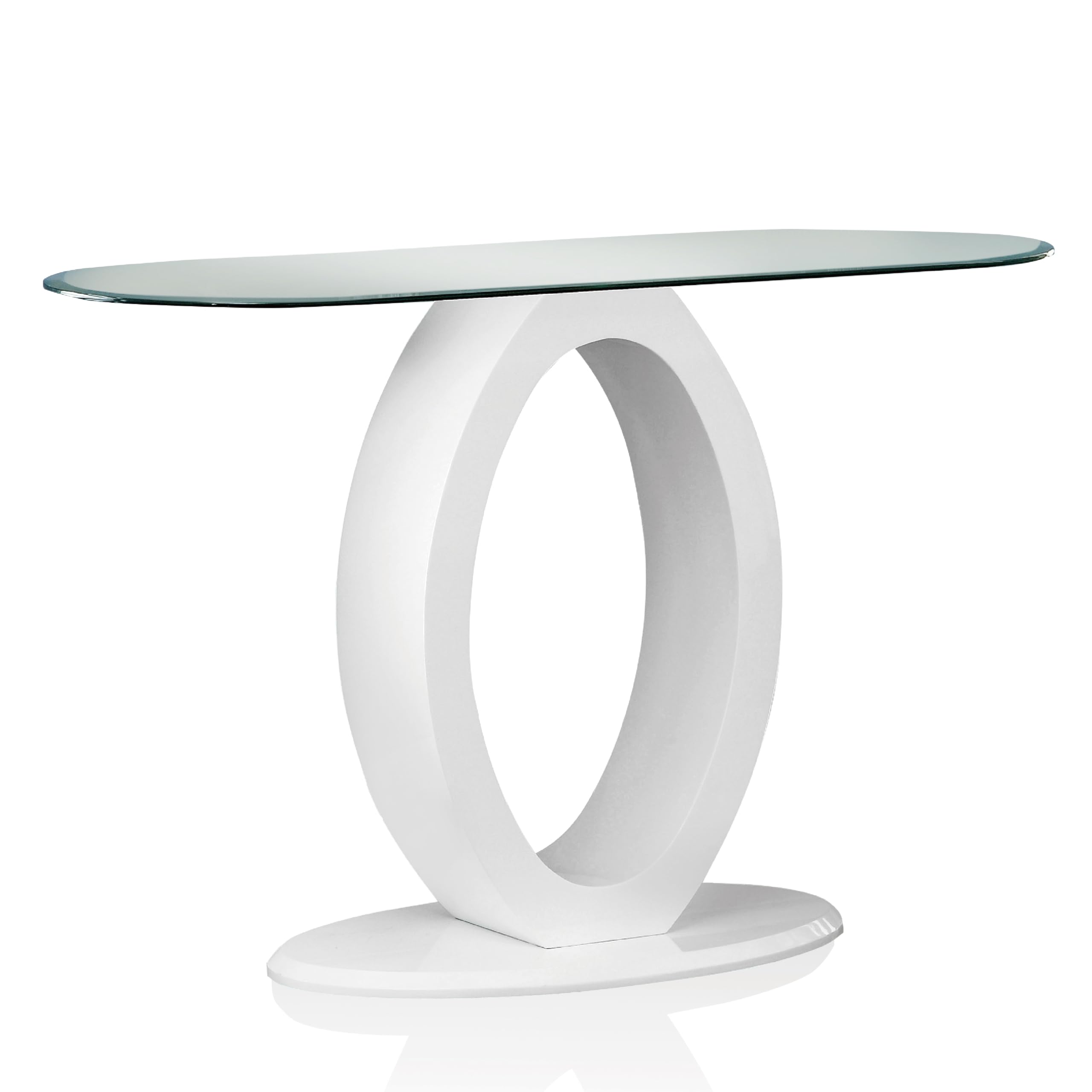Furniture of America Modine 47" Long Contemporary Console Tables, Modern Furniture, Beveled Tempered Glass, O-Shaped High Gloss Pedestal, for Entryway, Hallway, Living Room, White