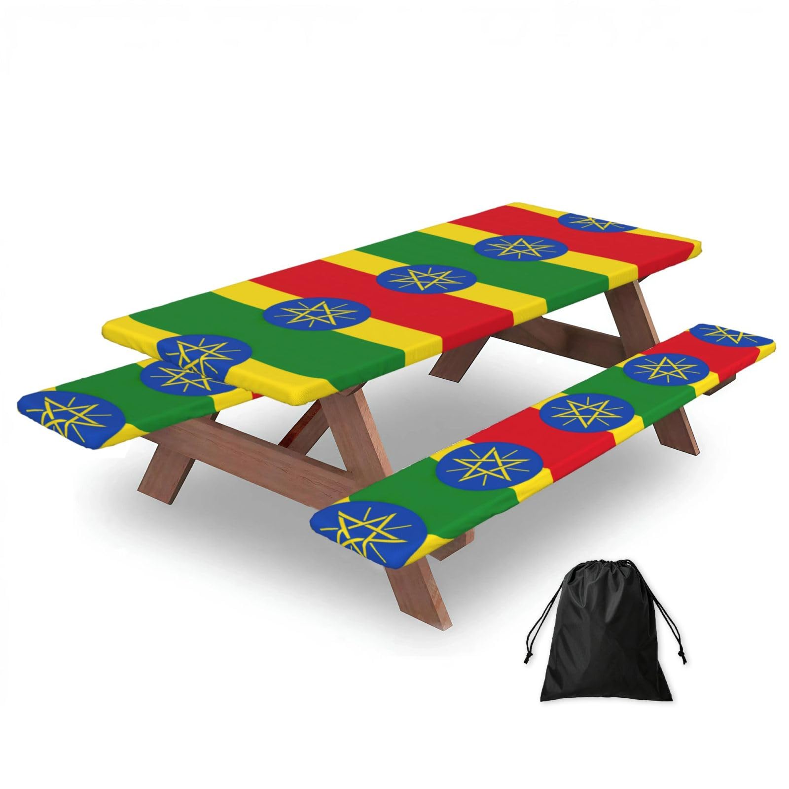 Zyjhyy Black Flag Of Ethiopia Print 3 Pack Wipeable Picnic Bench Cover And Table Cover Lightweight Table Cloth For Camping Outdoor