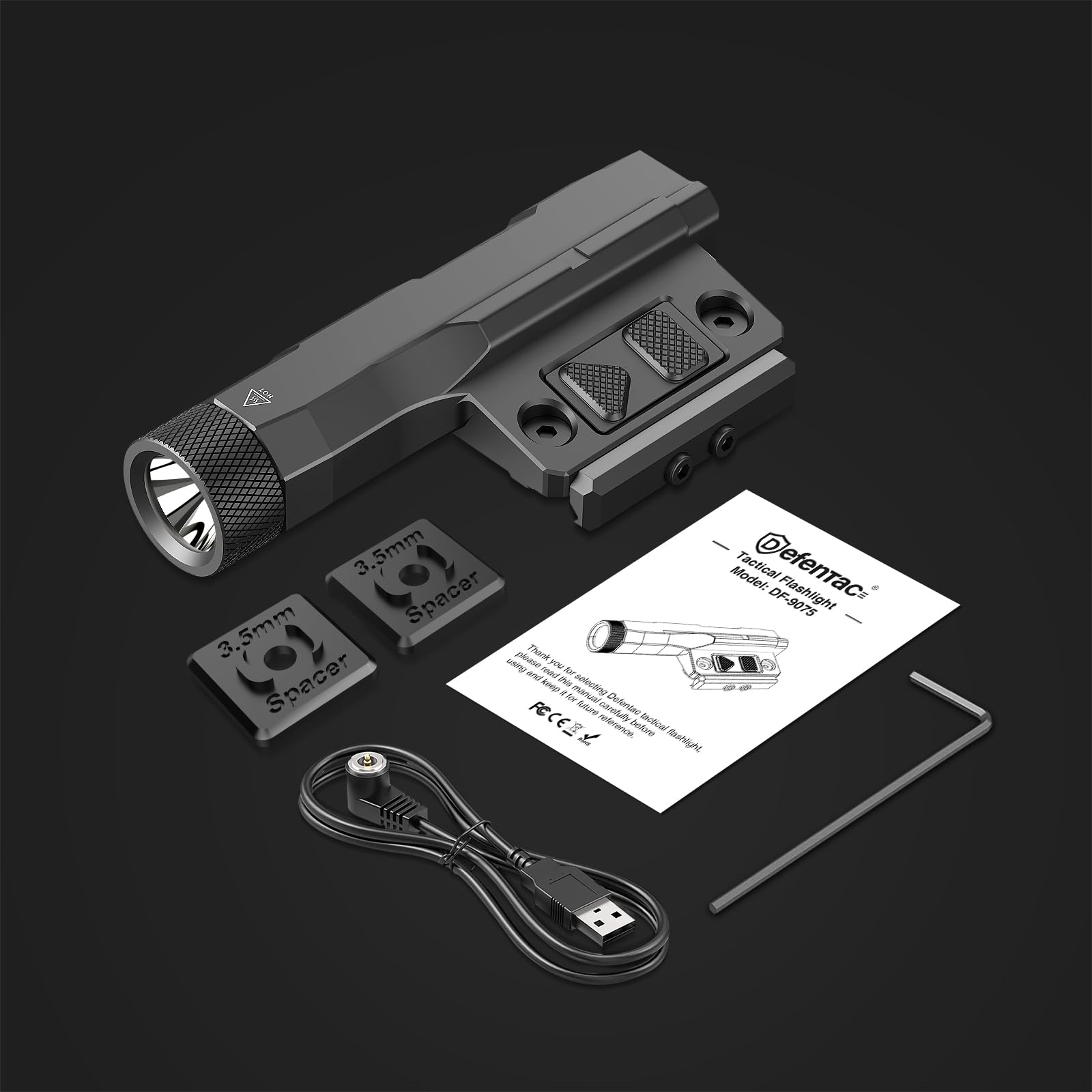 DEFENTAC 2400 lm Aluminium-Taschenlampe ist kompatibel mit Picatinny/Mlok-Schiene für Gewehr, wiederaufladbares Waffenlicht mit Stroboskop/Momentan, mit Druckpolsterschalter