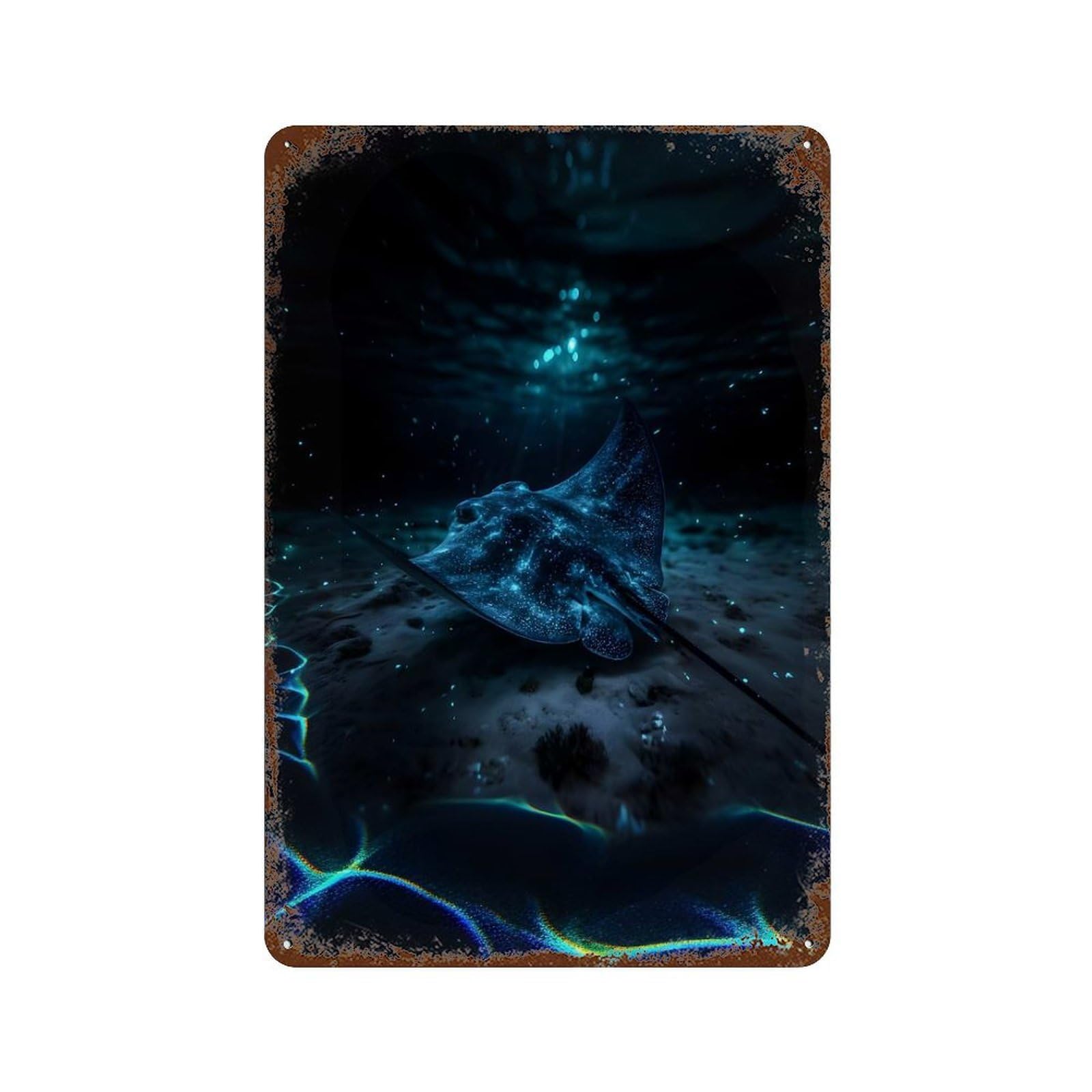 Distressed Metal Wall Sign with Glowing Stingray Underwater Design 11.8"x7.9", for Shed, Workshop And Garage Wall Decor, Decorative Metal Wall Art