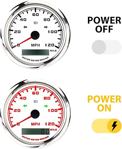 Miniatura 29 de MOTOR METER RACING W Pro 3.346 in 3-3/8" GPS Velocímetro con señal de giro de haz alto 160 MPH Negro Dial blanco LED Digital Odómetro impermeable