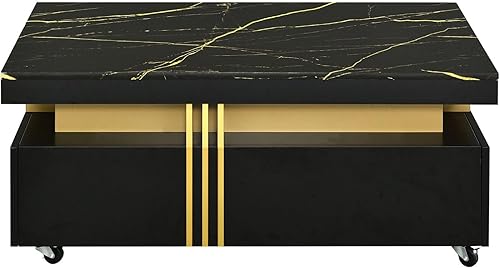 Miniatura 7 de FRITHJILL Mesa de centro con parte superior de mármol sintético, mesa de cóctel contemporánea con cajones y ruedas para sala de estar, área de espera