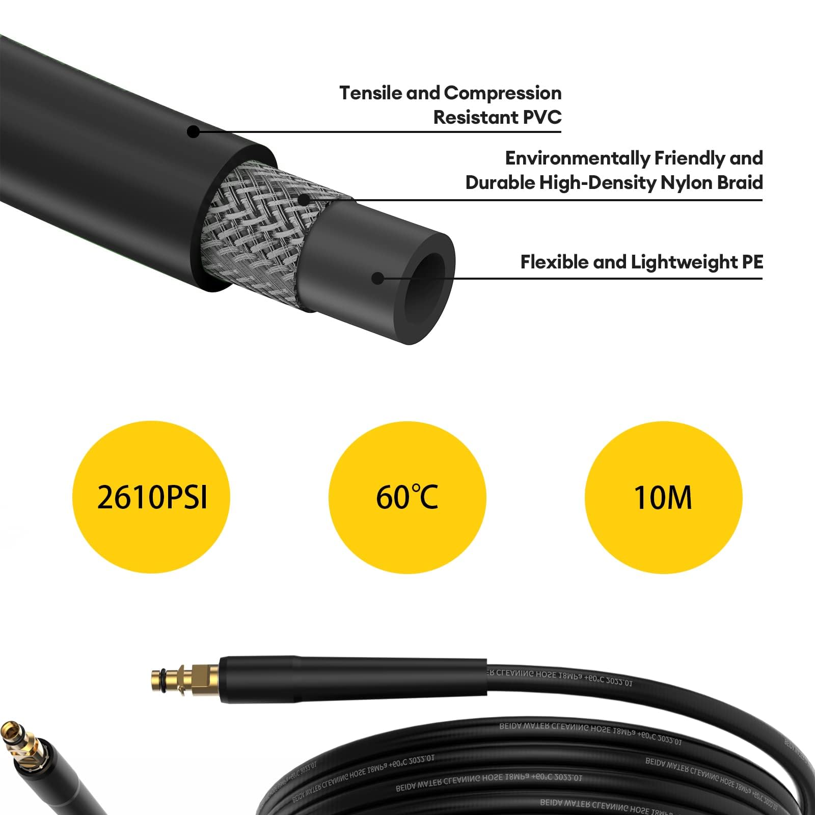 10m hogedrukslang compatibel met Kärcher K-serie K2/K3/K4/K5/K6/K7, 180 bar verlengslang met click-quick-connect steeksysteem, vervangende hogedrukreinigerslang