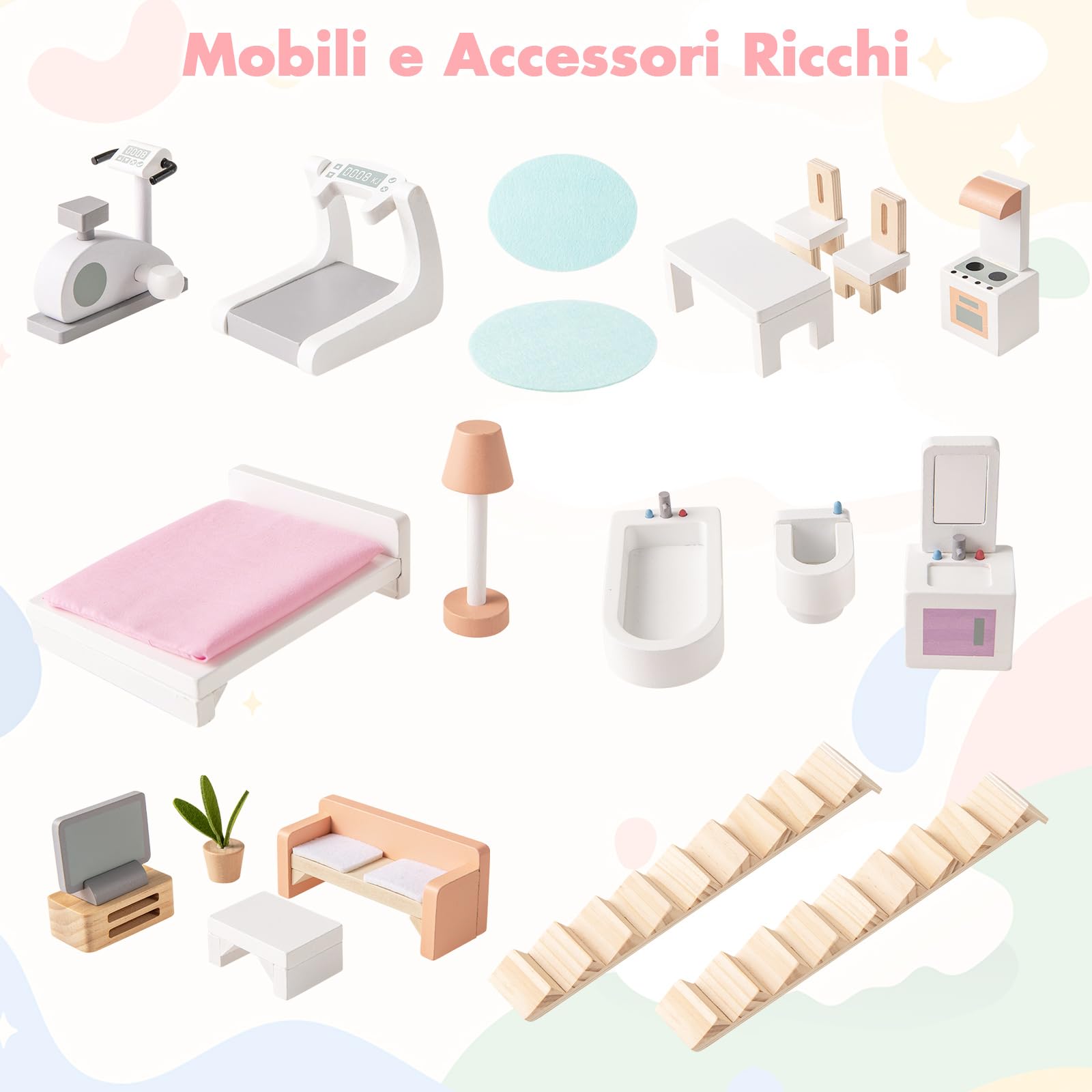 RELAX4LIFE Casa delle Bambole in Legno per Bambini con 3 Livelli, 5 Stanze，Balcone, Tetto Bicolore, Pannello Anteriore Aprile,55 x 33,5 x 66 cm, Rosa