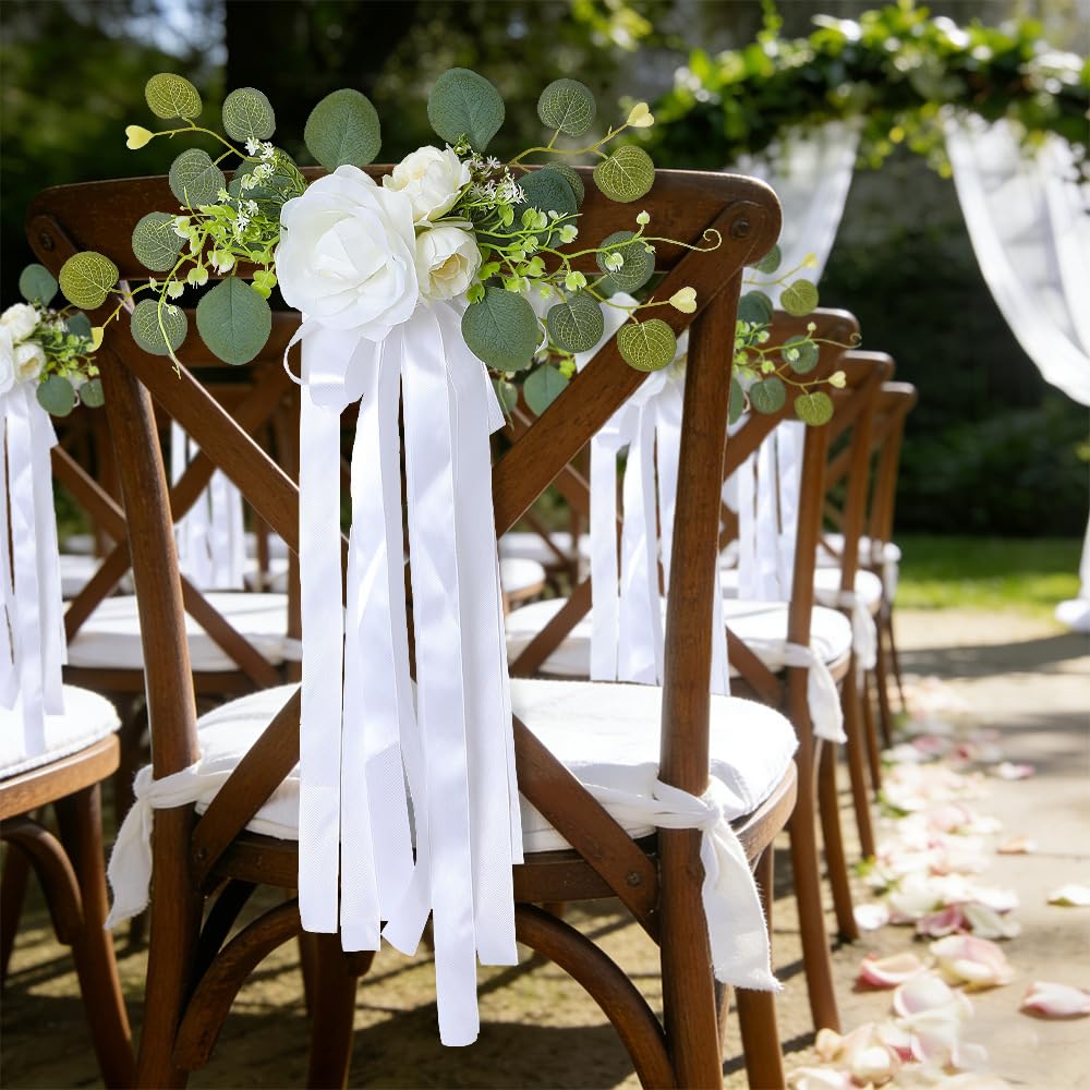16 Stück Hochzeits Stuhl Rücken Blumen Künstliche Rosenblumen Satin-Stuhlschärpen stuhlschleifen stuhlbänder autoschleife Stuhldekoration für Hochzeit Party Geburtstag Weiß