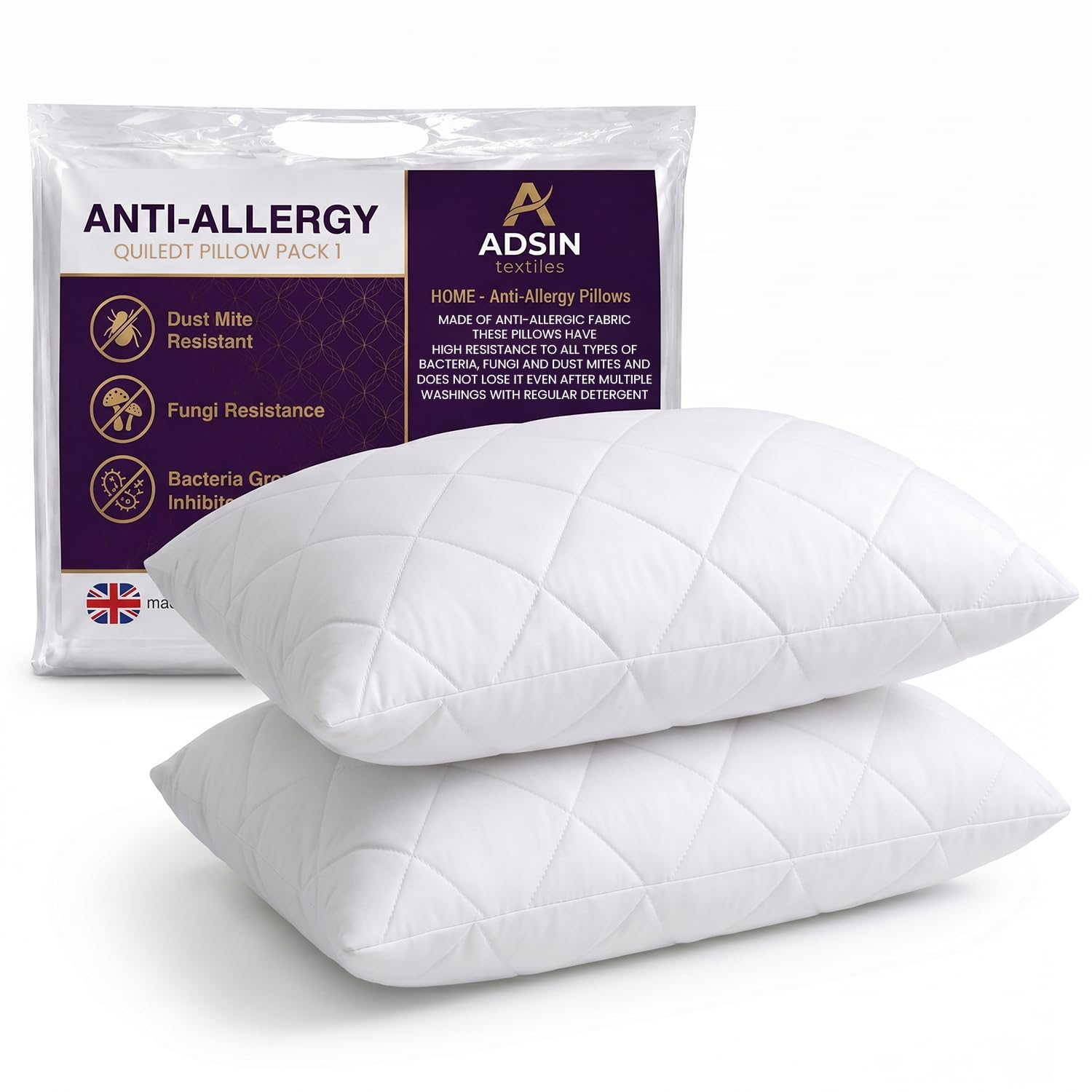 adsin Hotel Quality Quilted Pillows Pack of 2 Anti Allergy Bounce Back Bed Pillows with Soft Touch Quilted Cover – Breathable Hollowfibre Filling for Side, Back & Stomach Sleepers