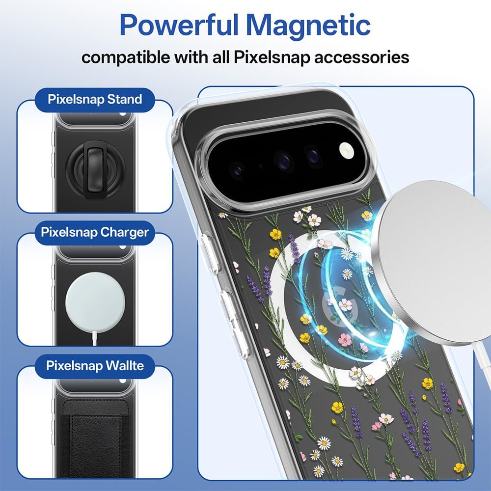 Floral Magnetic Case Designed for Pixel 11, Compatible with Wireless Charging Clear Protective Cover Colorful Wildflower Daisy Flower Pattern Shockproof Corner Phone Shell for Women image 4