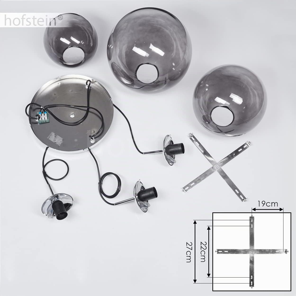 Lampada a sospensione Degevos, lampada a soffitto a 3 luci in metallo/vetro in colore cromo, lampada a sospensione moderna con sfere in vero vetro, altezza massima 120 cm, 3 x E27, senza lampadina/e