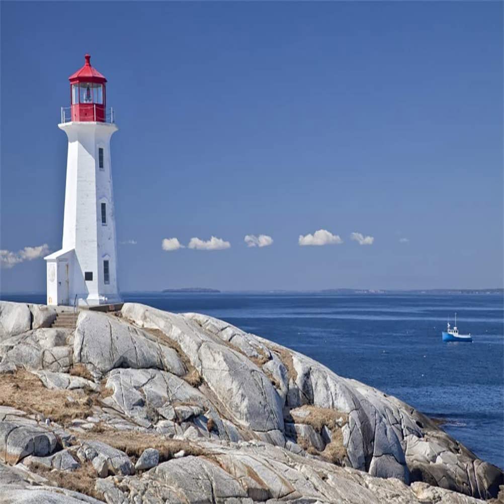 AOFOTO 10x10ft Peggy's Cove Lighthouse Backdrops for Trip Seaside Rock Ocean Scene Blue Water and Shy White Cloud Photography Background Adults Travel