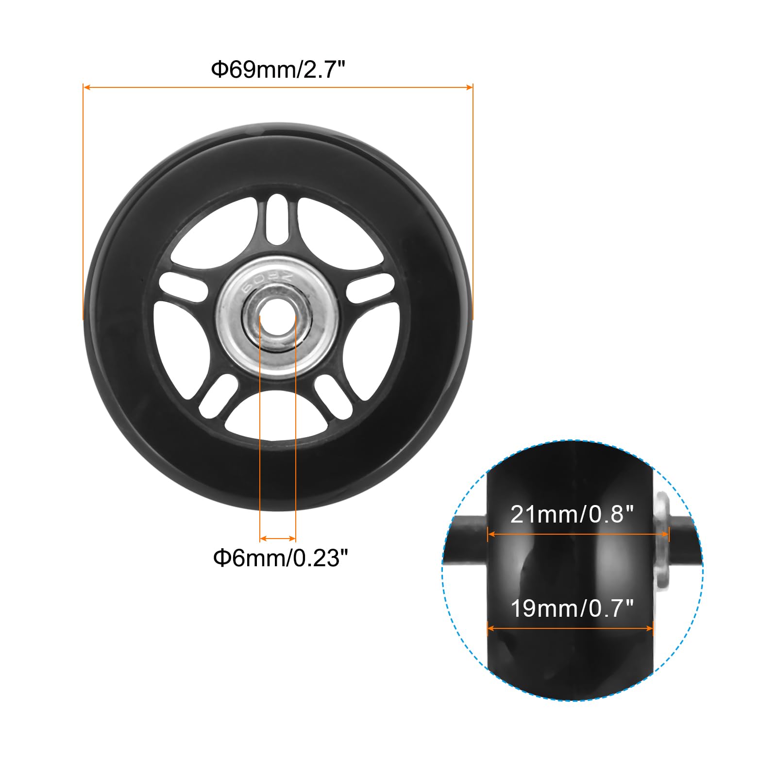Zestaw 1 Bagaż Koła Zamienny 69 x 19 mm/2.7" x 0.7" Guma Skrętny Kółko jezdne Łożysko Koła Naprawa Ekwipunek do Walizka Inline Zewnętrzny Skate,Czarny