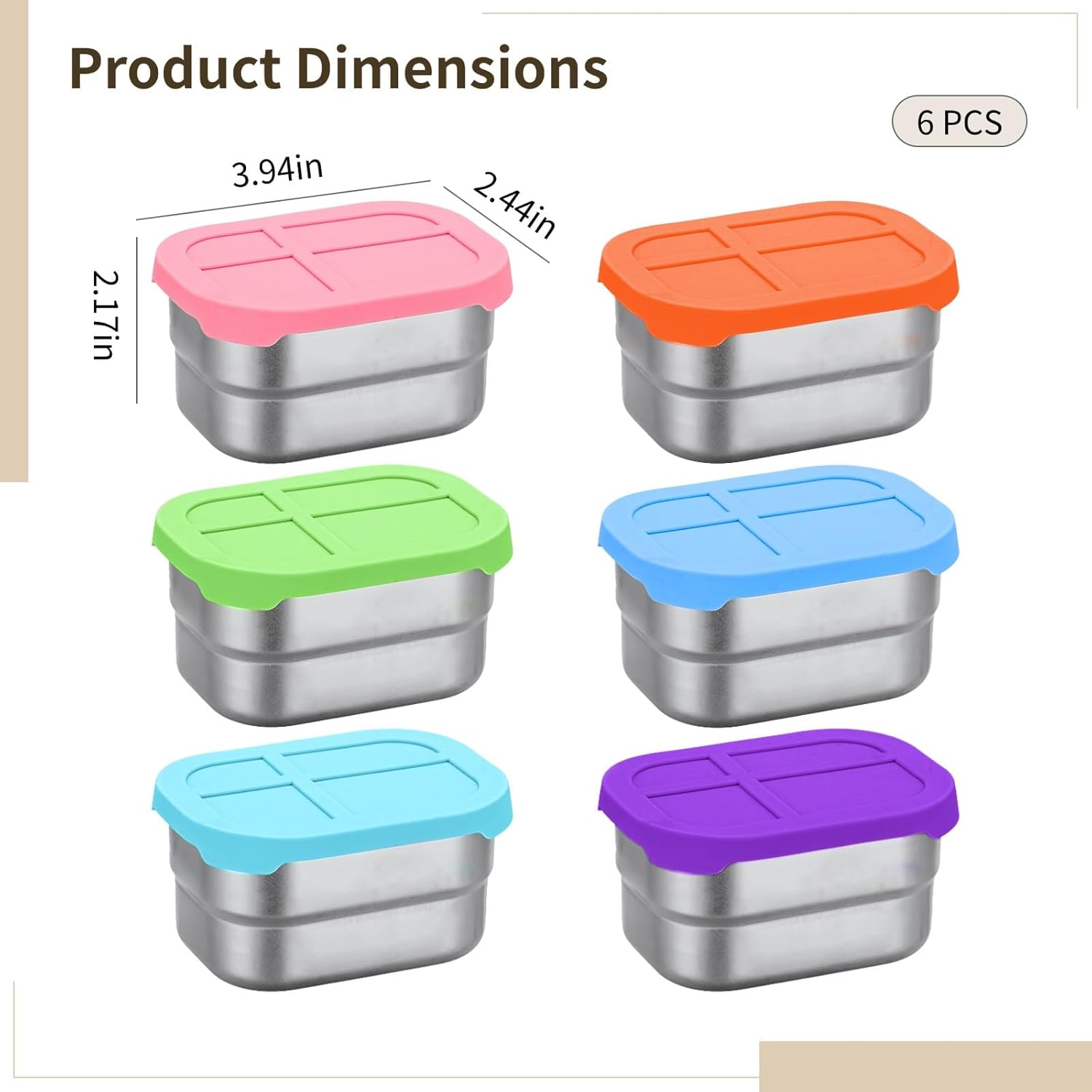 Youngsters Snack Containers Stainless Steel 6 Pcs, Leakproof Silicone Lids Metal Box 8 Oz, School and Outdoor Activities Colorful, Storage Long-Lasting and Safe